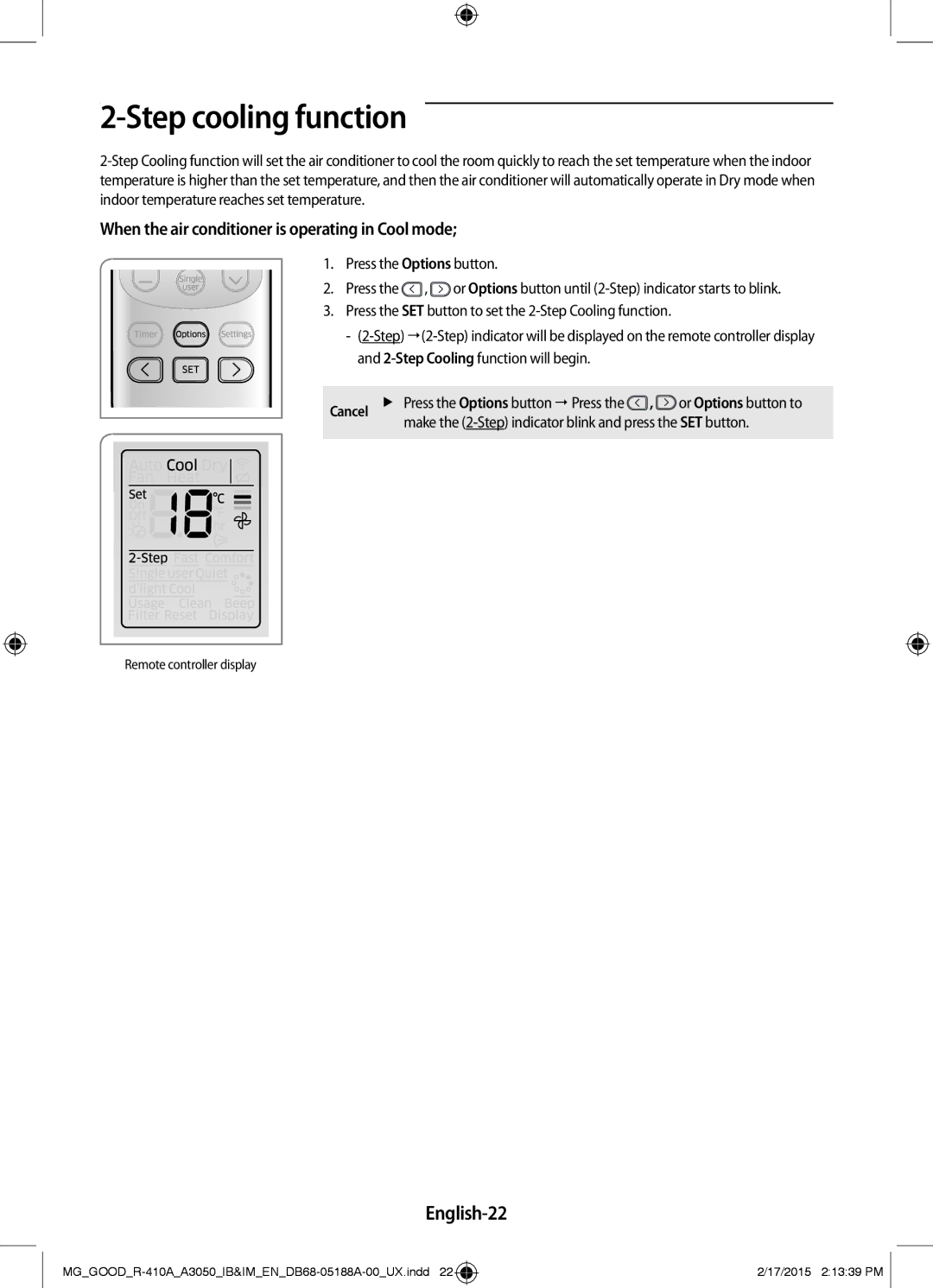 Samsung AR24JQFNCWKXMG, AR18JRFNEWK/MG, AR24JRFNCWK/MG, AR12JRFNBWK/MG, AR18JQFNEWKNMG manual Step cooling function, English-22 