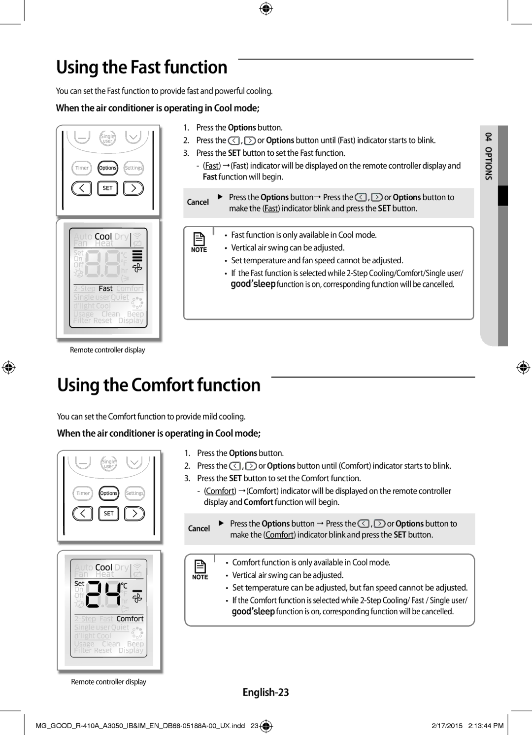 Samsung AR24JRFNCWKNMG manual Using the Fast function, Using the Comfort function, English-23, Press the Options button 