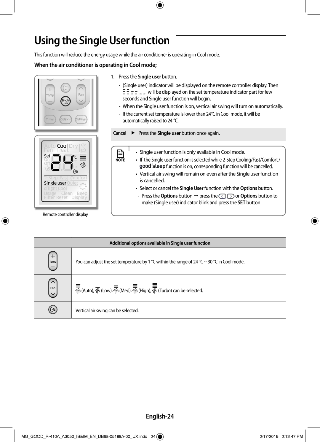 Samsung AR24JRFNCWKXMG, AR18JRFNEWK/MG manual Using the Single User function, English-24, Press the Single user button 