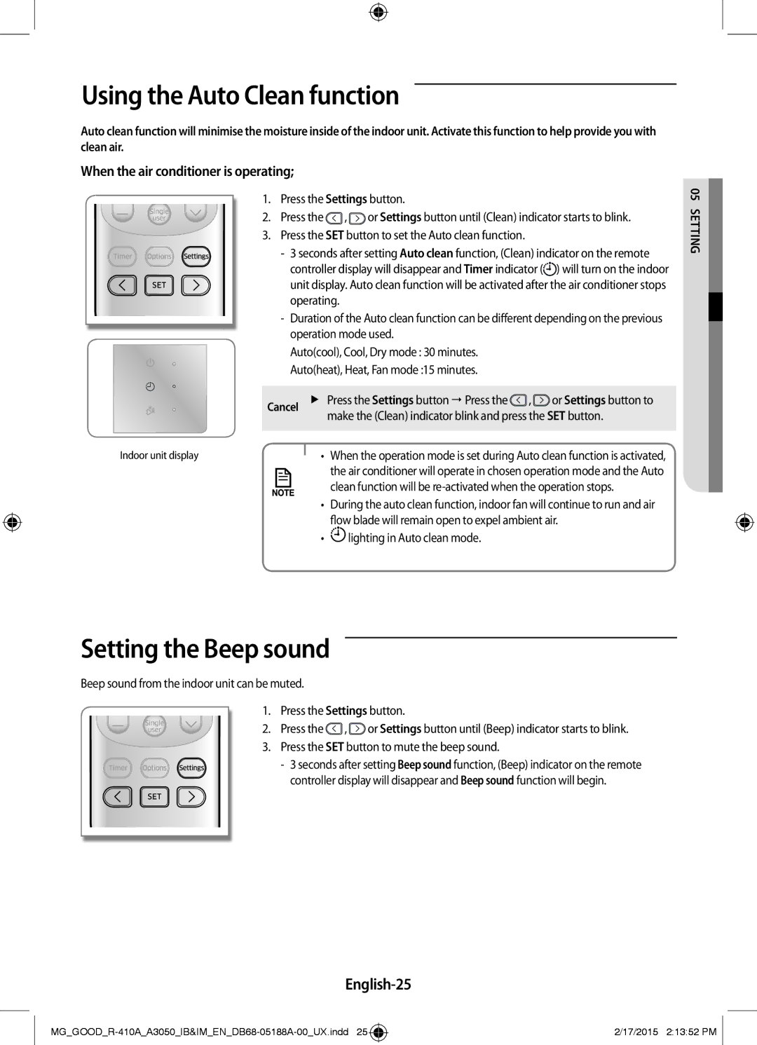 Samsung AR18JQFNEWK/MG, AR18JRFNEWK/MG, AR24JRFNCWK/MG Using the Auto Clean function, Setting the Beep sound, English-25 