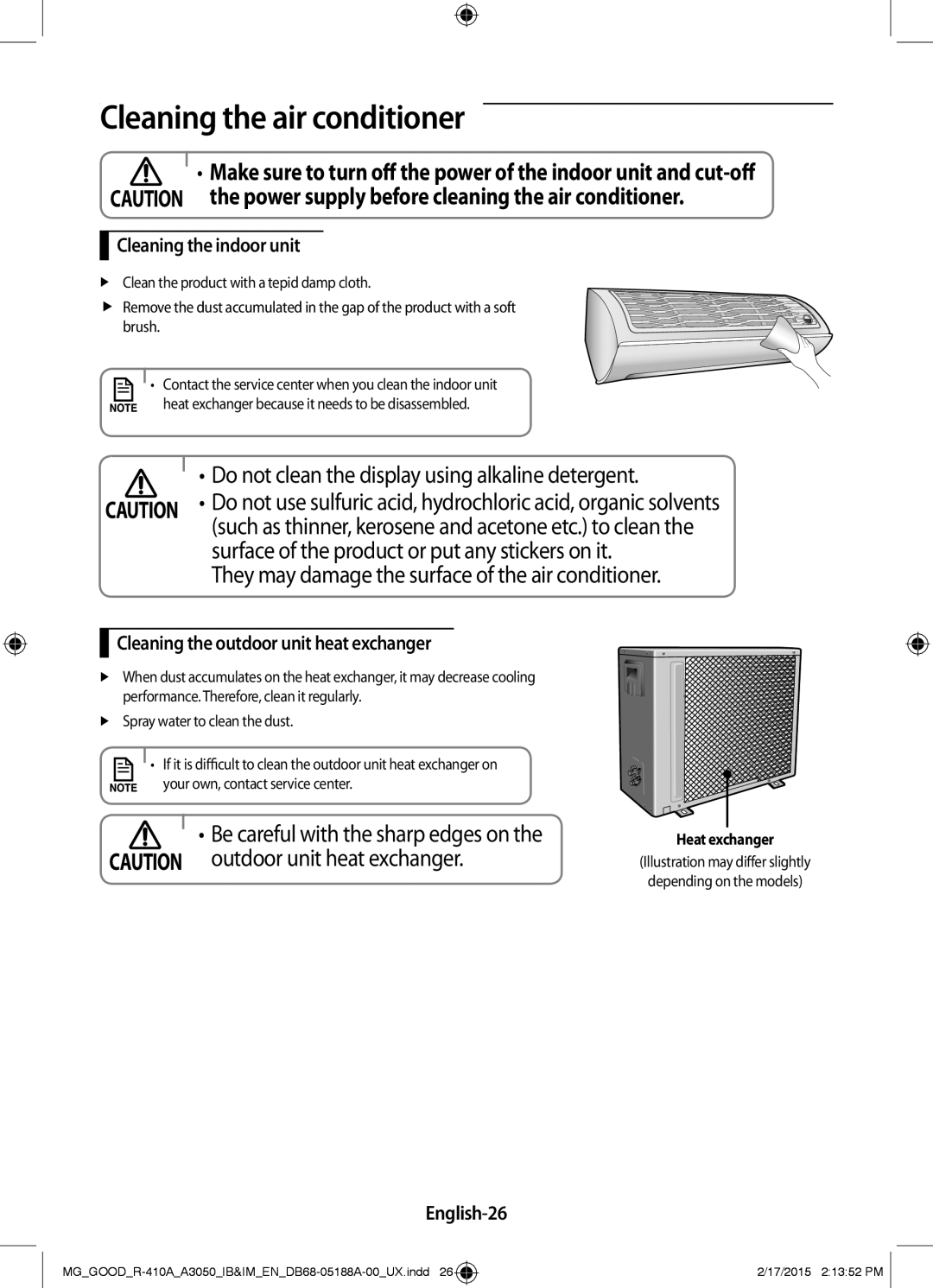 Samsung AR18JQFNEWKXMG Cleaning the air conditioner, Cleaning the indoor unit, Cleaning the outdoor unit heat exchanger 