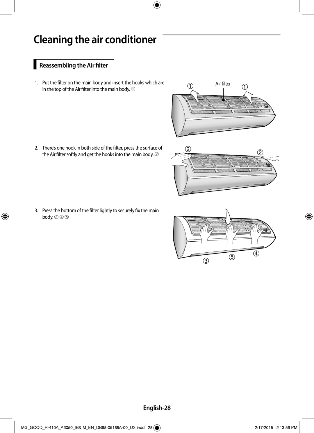 Samsung AR18JRFNEWKNMG manual Reassembling the Air filter, English-28, Top of the Air filter into the main body.. ➀ 