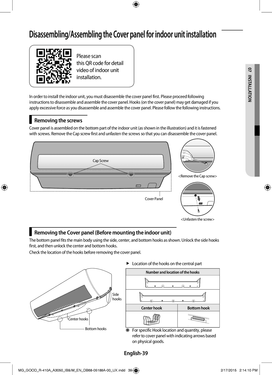 Samsung AR24JRFNCWKXMG manual Removing the screws, Removing the Cover panel Before mounting the indoor unit, English-39 