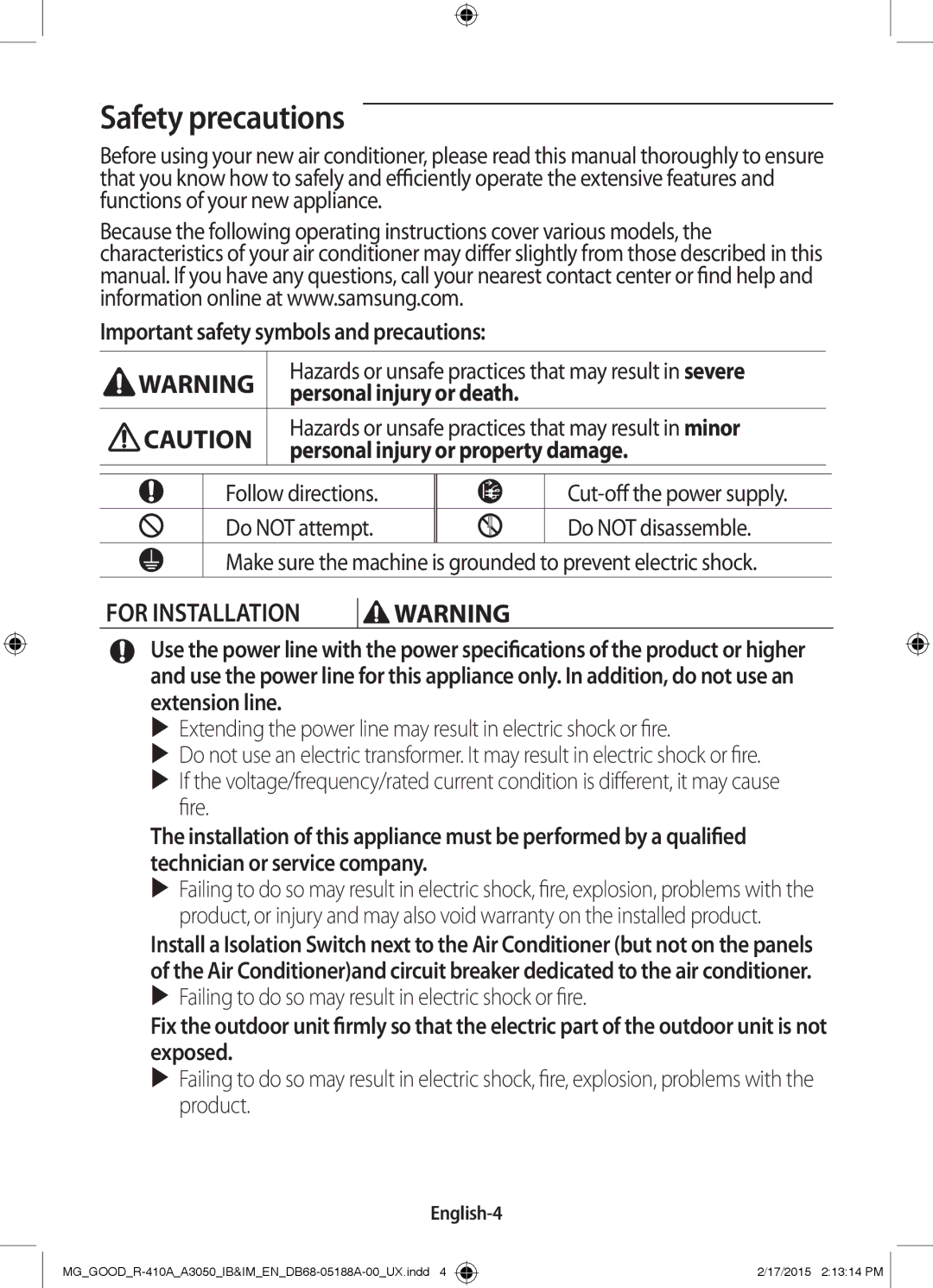 Samsung AR18JQFSBWK/MG, AR18JRFNEWK/MG, AR24JRFNCWK/MG, AR12JRFNBWK/MG, AR18JQFNEWKNMG manual Safety precautions, English-4 