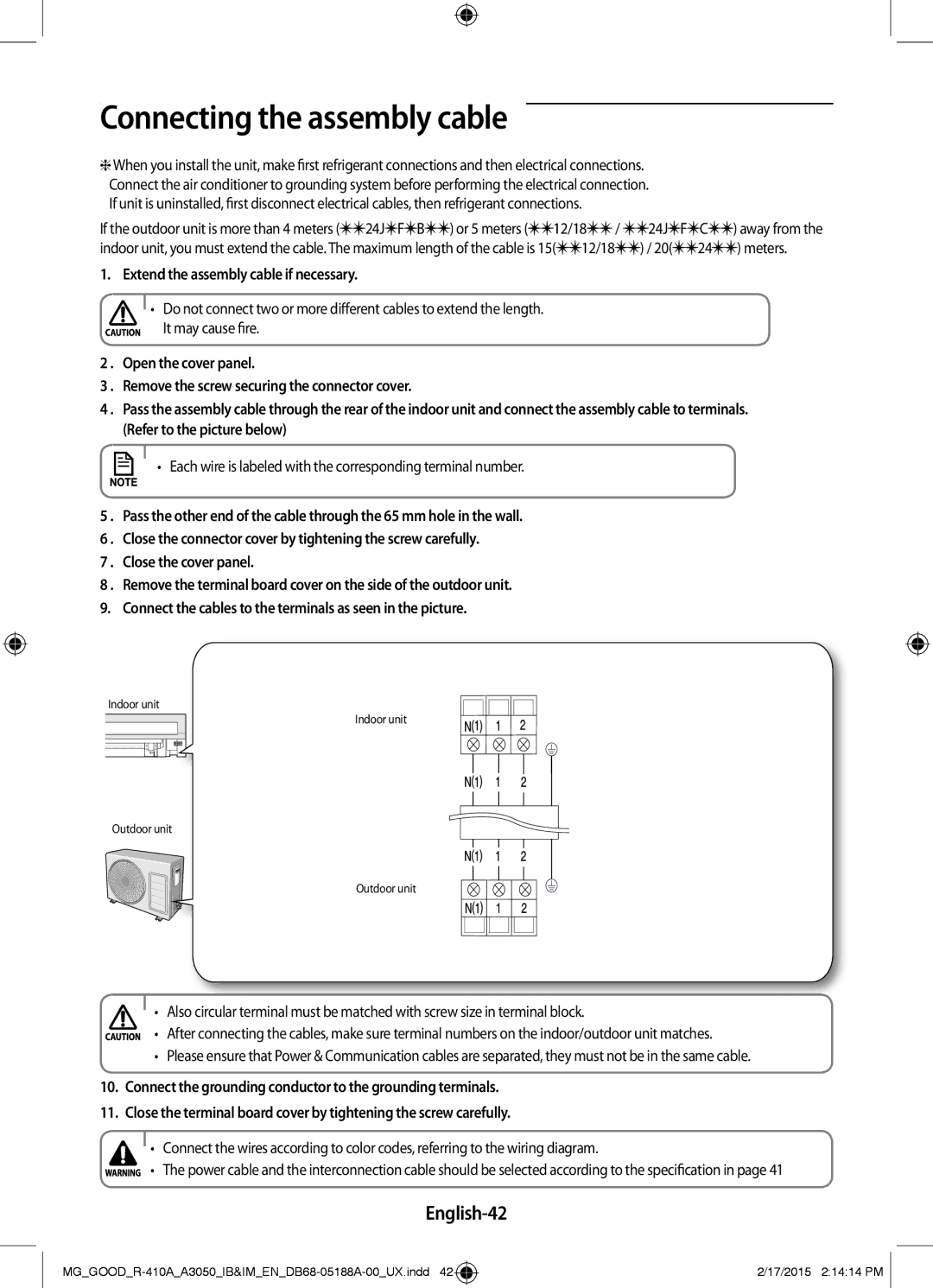 Samsung AR24JQFNCWK/MG, AR18JRFNEWK/MG, AR24JRFNCWK/MG, AR12JRFNBWK/MG English-42, Extend the assembly cable if necessary 