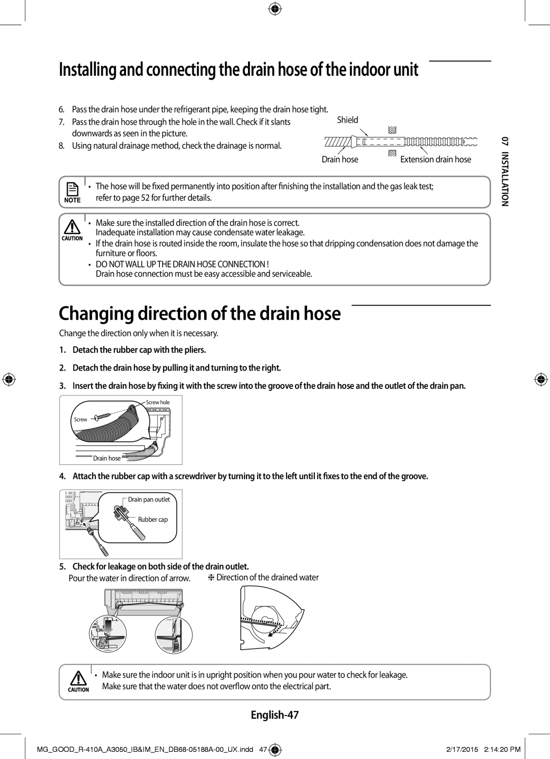 Samsung AR12JRFNBWK/MG, AR18JRFNEWK/MG, AR24JRFNCWK/MG, AR18JQFNEWKNMG manual Changing direction of the drain hose, English-47 