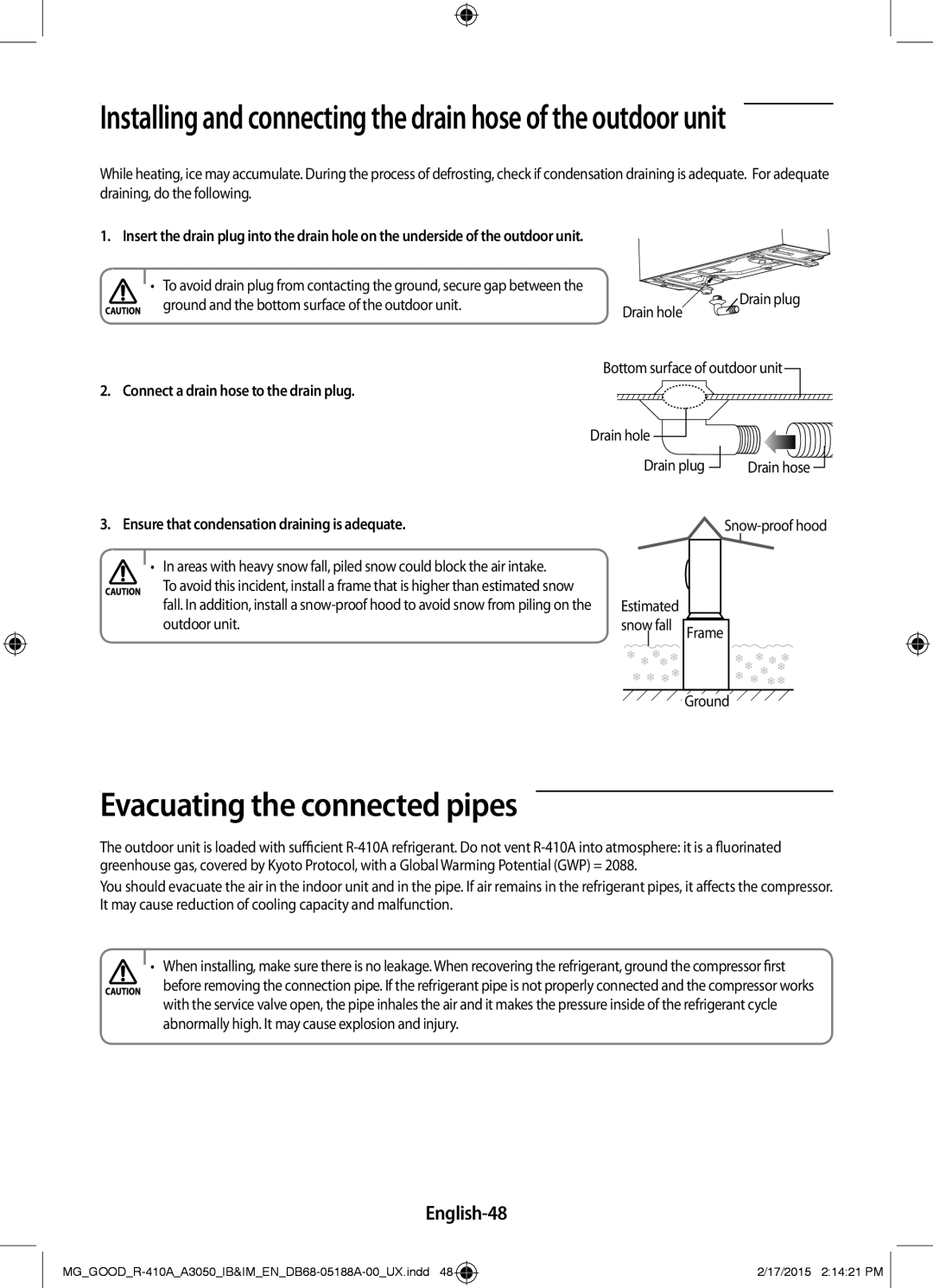 Samsung AR18JQFNEWKNMG, AR18JRFNEWK/MG Evacuating the connected pipes, English-48, Connect a drain hose to the drain plug 