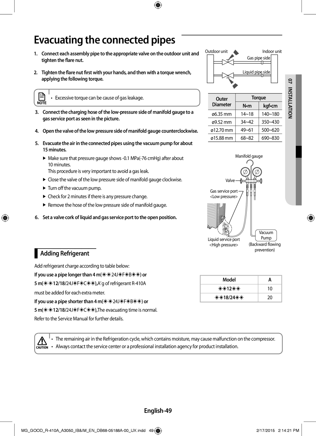 Samsung AR18JQFSBWK/MG manual Adding Refrigerant, English-49, If you use a pipe longer than 4 m24JFB or, Outer Torque 