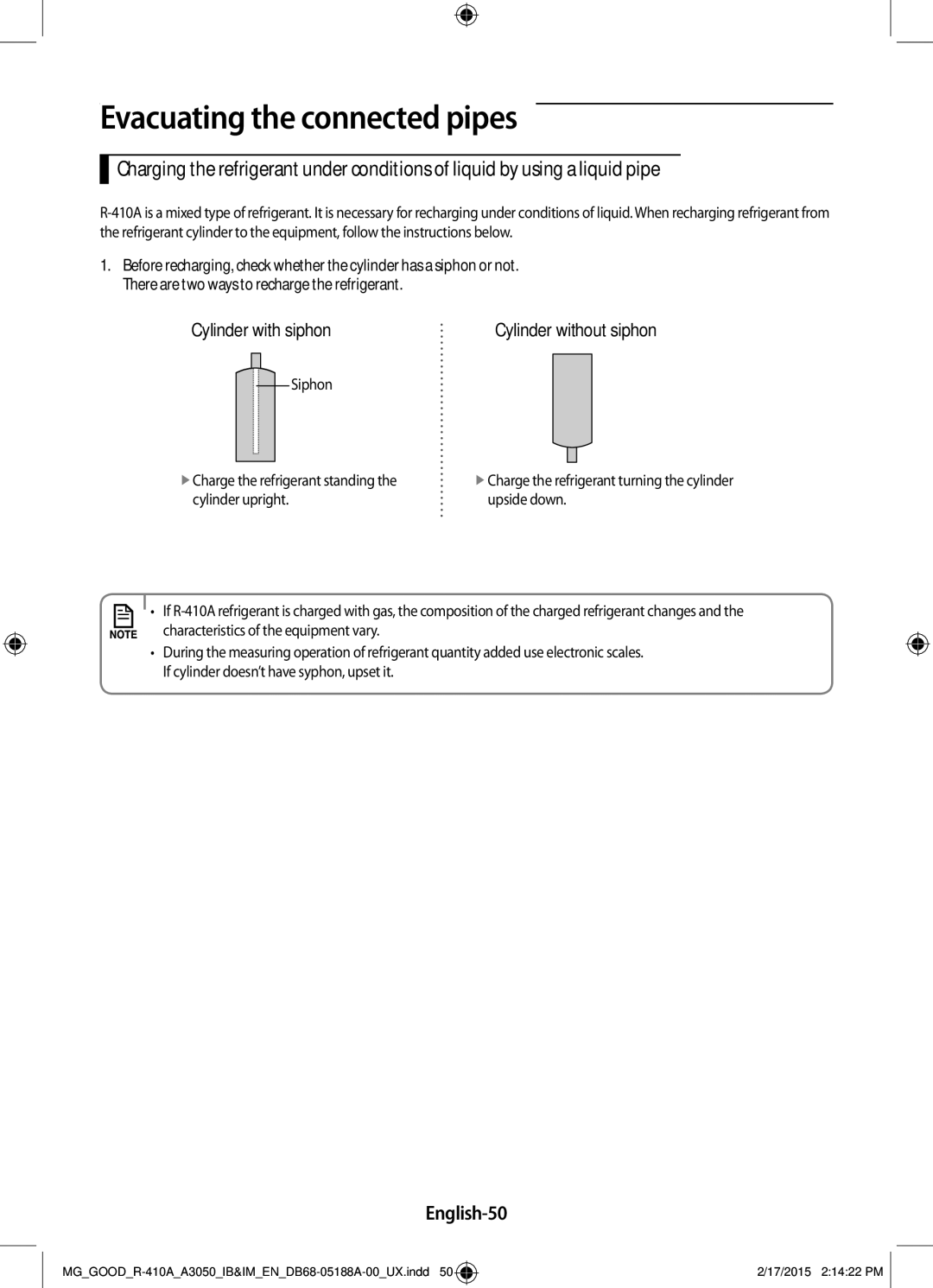 Samsung AR24JQFNCWKNMG, AR18JRFNEWK/MG, AR24JRFNCWK/MG, AR12JRFNBWK/MG, AR18JQFNEWKNMG manual English-50, Cylinder with siphon 