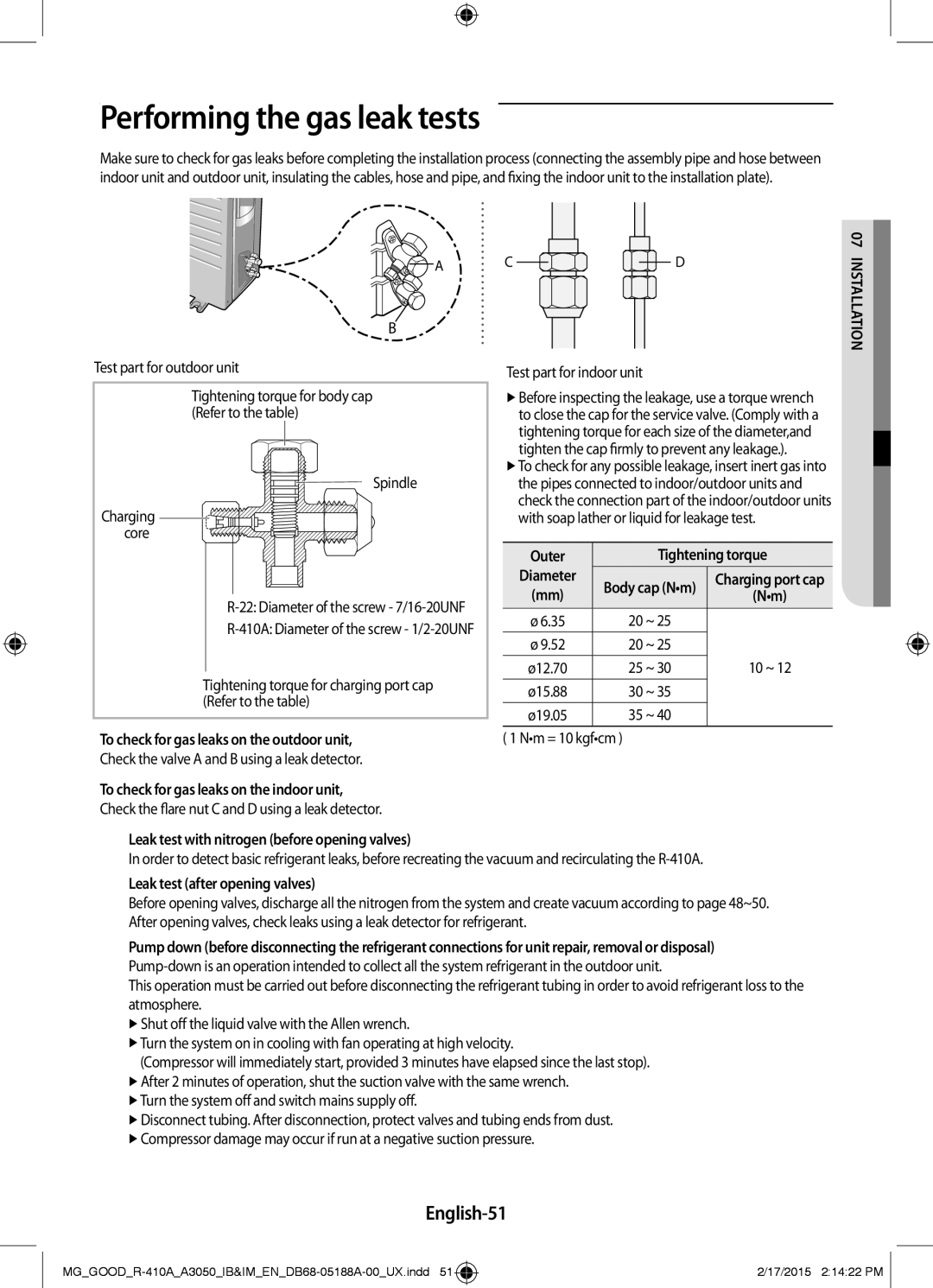 Samsung AR18JRFNEWKXMG Performing the gas leak tests, English-51, Outer Tightening torque, Leak test after opening valves 