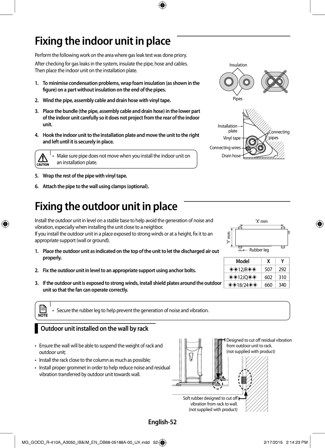 Samsung AR24JQFNCWKXMG manual Fixing the outdoor unit in place, Outdoor unit installed on the wall by rack, English-52 