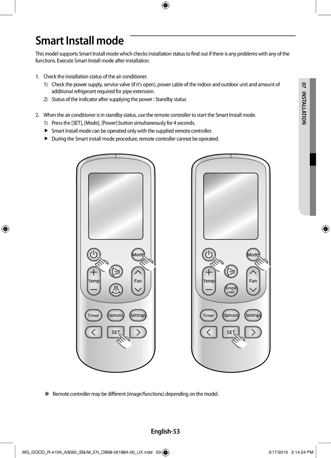 Samsung AR24JRFNCWKNMG, AR18JRFNEWK/MG, AR24JRFNCWK/MG, AR12JRFNBWK/MG, AR18JQFNEWKNMG manual Smart Install mode, English-53 