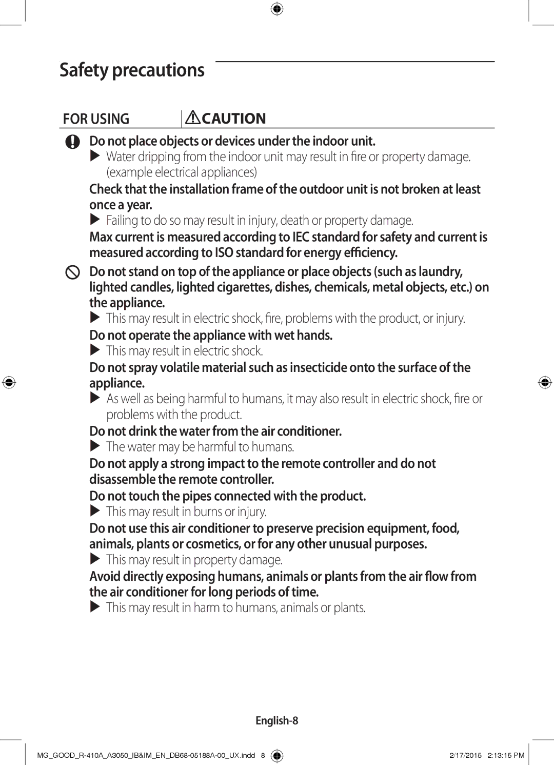 Samsung AR24JRFNCWKNMG, AR18JRFNEWK/MG, AR24JRFNCWK/MG Do not place objects or devices under the indoor unit, English-8 