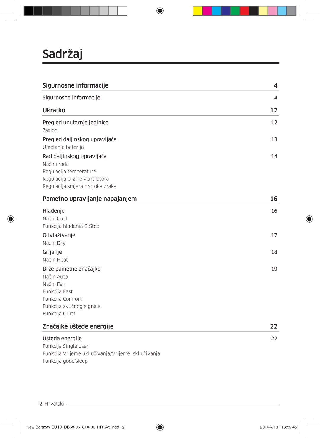 Samsung AR18KSFHBWKNEU manual Sadržaj, Ukratko 