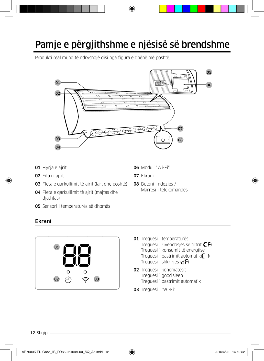 Samsung AR18KSWSAWKNEU, AR18KSWNAWKNEU manual Pamje e përgjithshme e njësisë së brendshme, Ekrani 