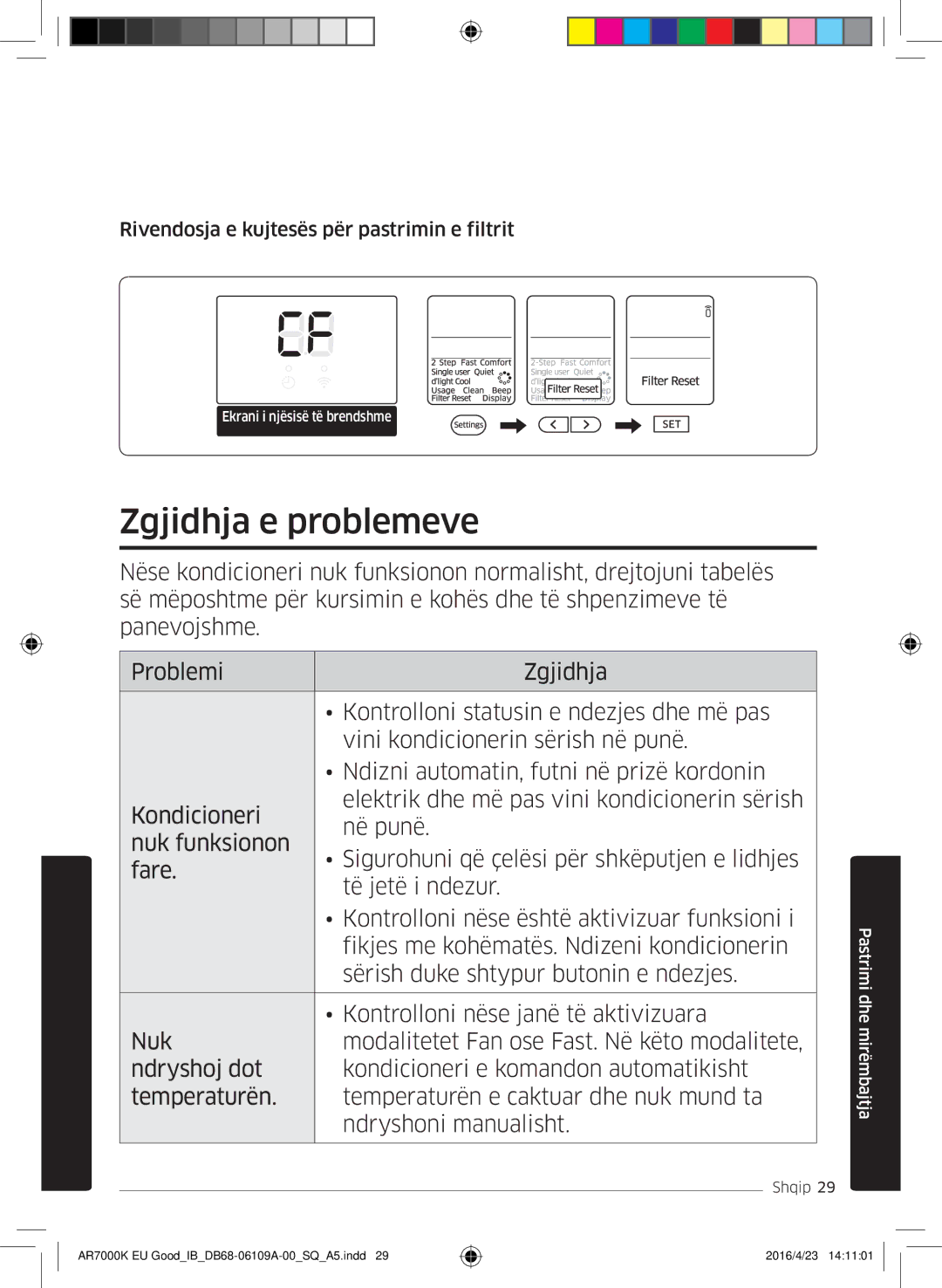 Samsung AR18KSWNAWKNEU, AR18KSWSAWKNEU manual Zgjidhja e problemeve, Rivendosja e kujtesës për pastrimin e filtrit 