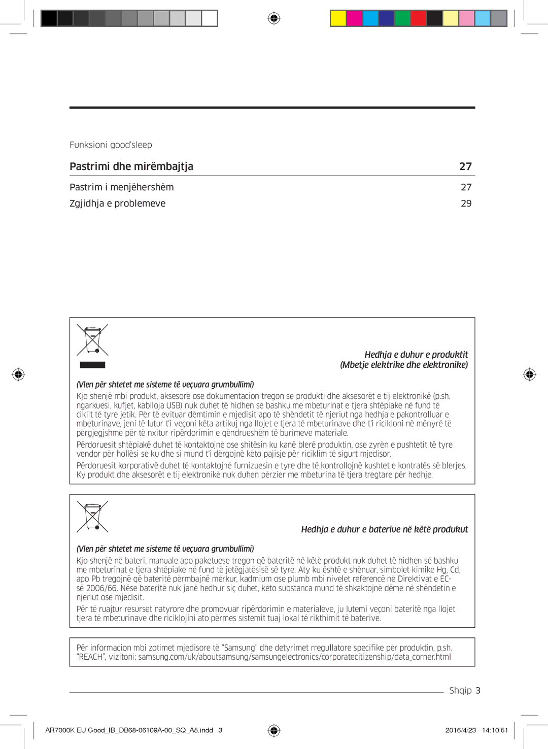 Samsung AR18KSWNAWKNEU, AR18KSWSAWKNEU manual Pastrimi dhe mirëmbajtja 