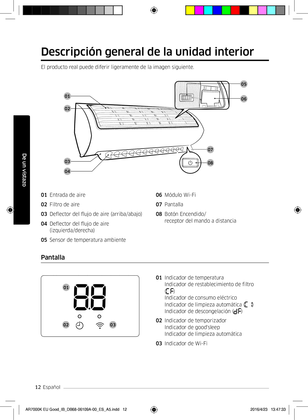 Samsung AR24KSWSAWKNEU, AR18KSWSAWKNEU manual Descripción general de la unidad interior, Pantalla 