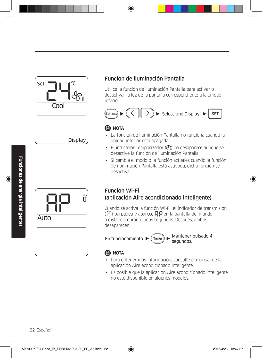 Samsung AR24KSWSAWKNEU manual Función de iluminación Pantalla, Función Wi-Fi Aplicación Aire acondicionado inteligente 