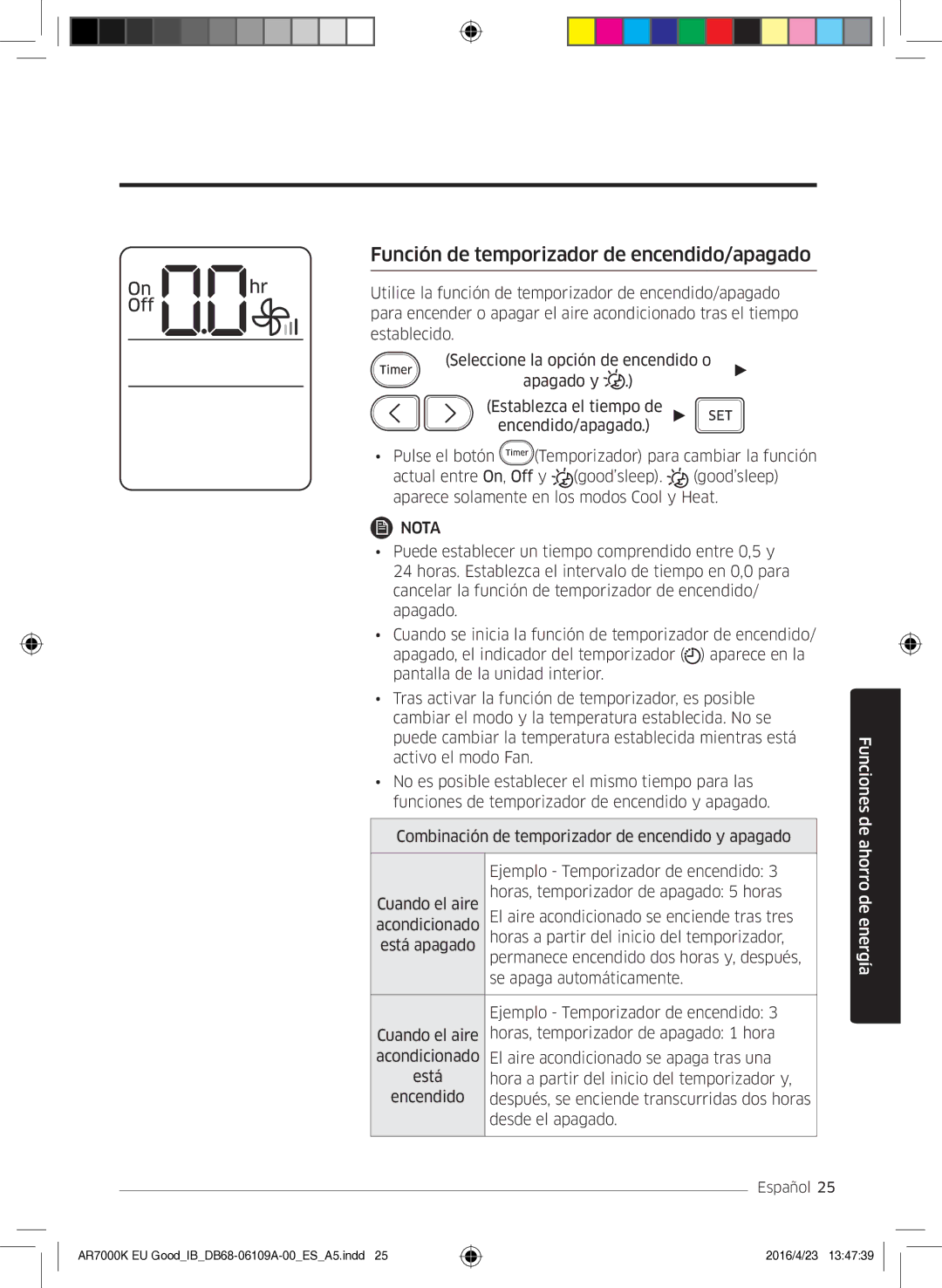 Samsung AR18KSWSAWKNEU, AR24KSWSAWKNEU manual Función de temporizador de encendido/apagado 