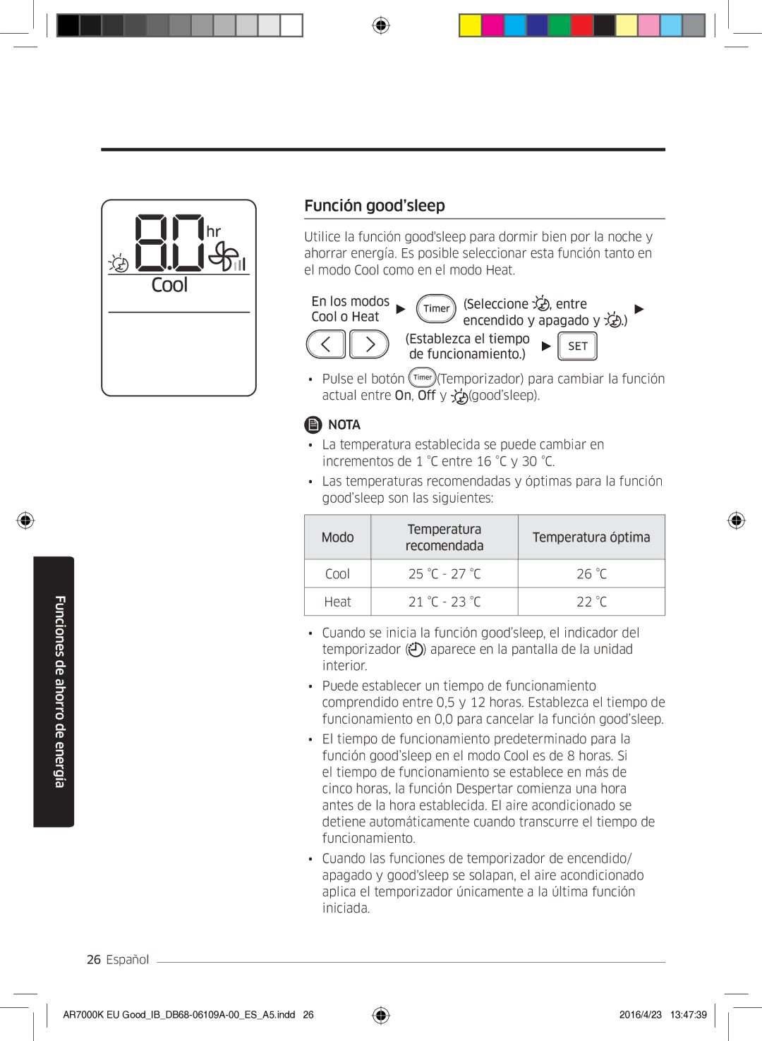 Samsung AR24KSWSAWKNEU, AR18KSWSAWKNEU manual Función good’sleep 