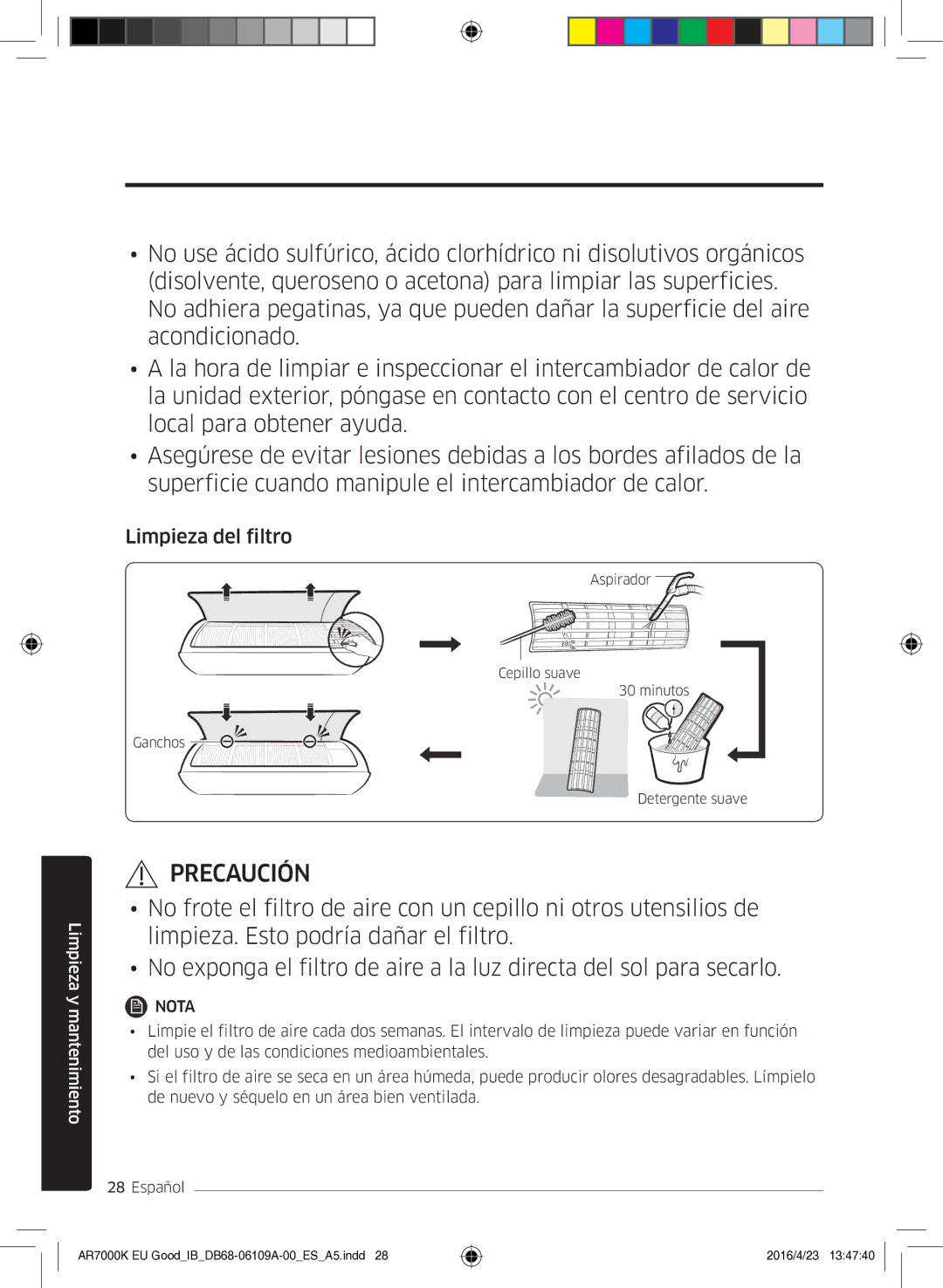 Samsung AR24KSWSAWKNEU, AR18KSWSAWKNEU manual Limpieza del filtro 