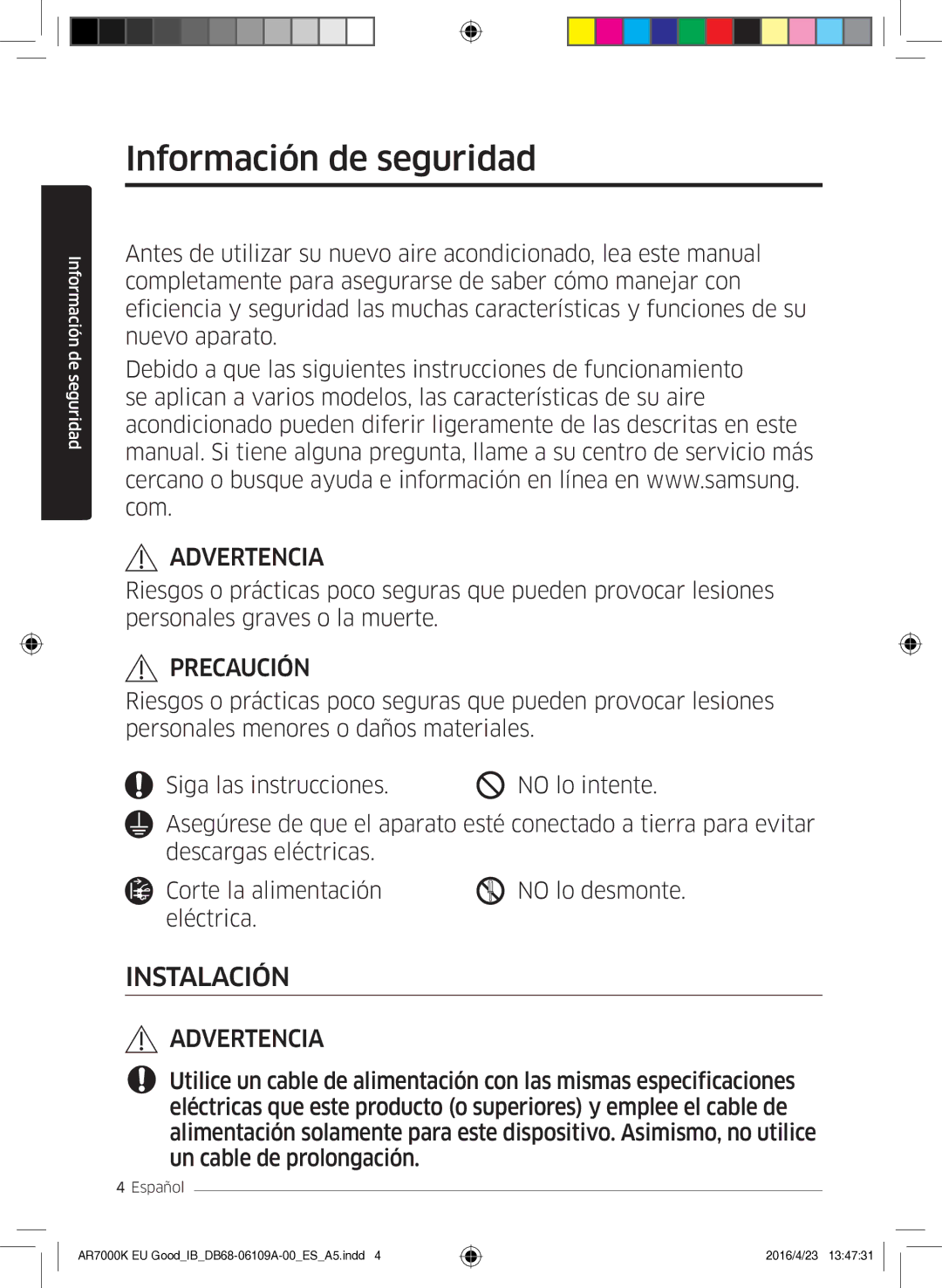 Samsung AR24KSWSAWKNEU, AR18KSWSAWKNEU manual Información de seguridad, Advertencia 