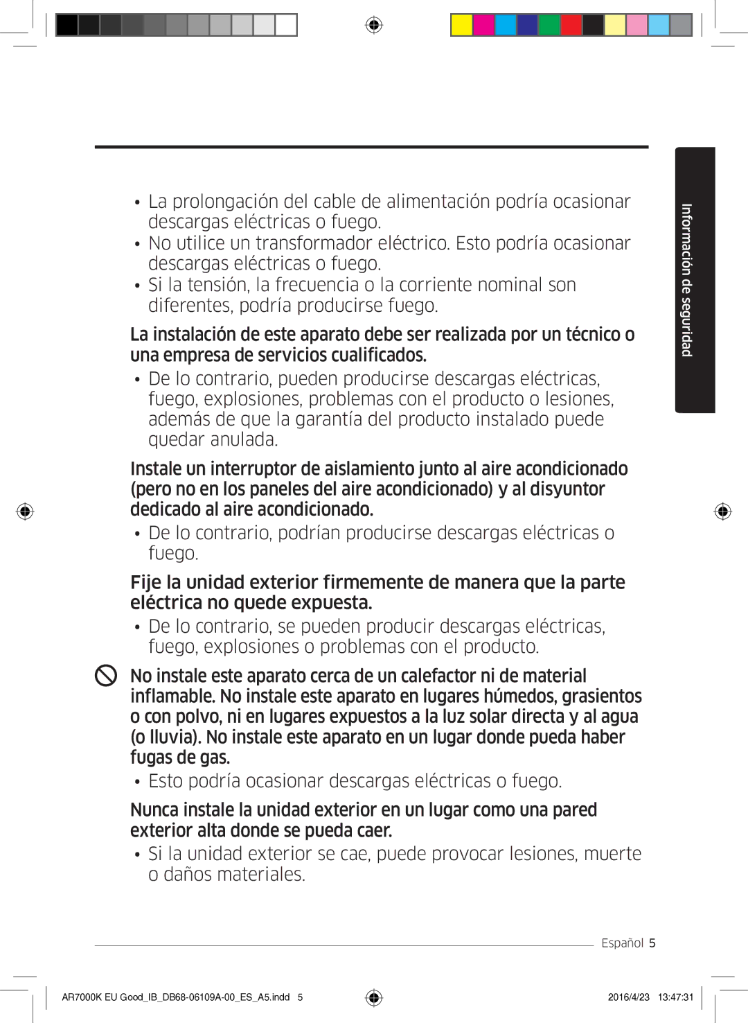 Samsung AR18KSWSAWKNEU, AR24KSWSAWKNEU manual Información de seguridad 