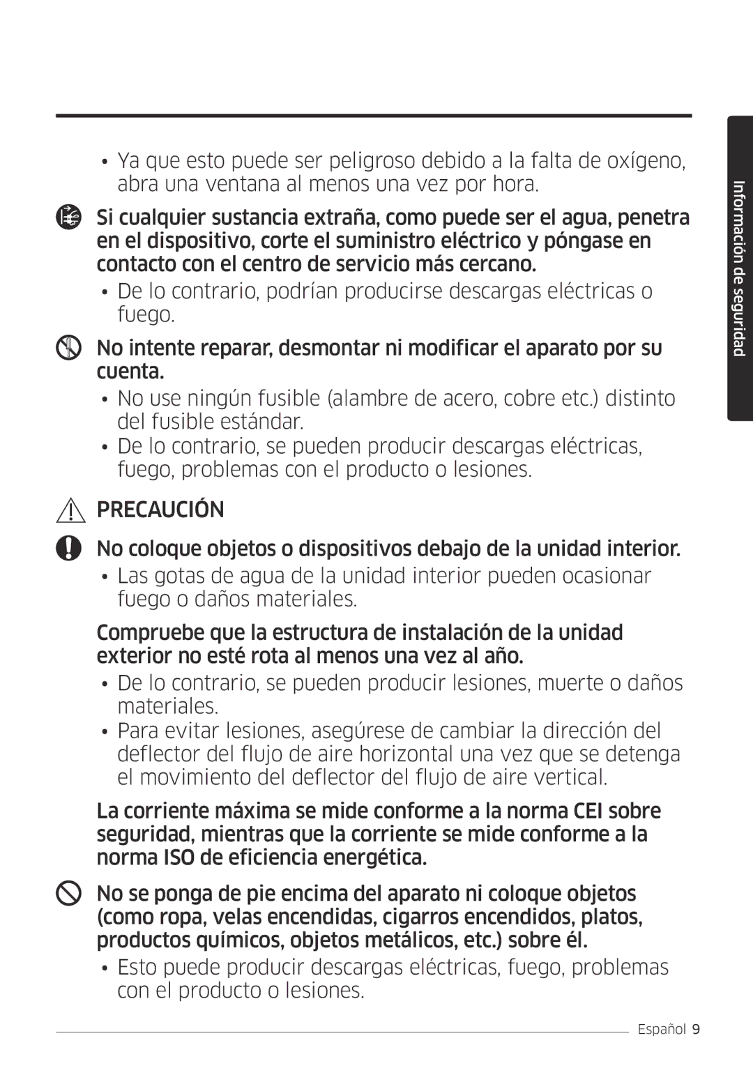 Samsung AR18MSFPEWQNEU, AR07MSFPEWQNEU, AR24MSFPEWQNEU, AR09MSFPEWQNET, AR12MSFPEWQNET manual Precaución 