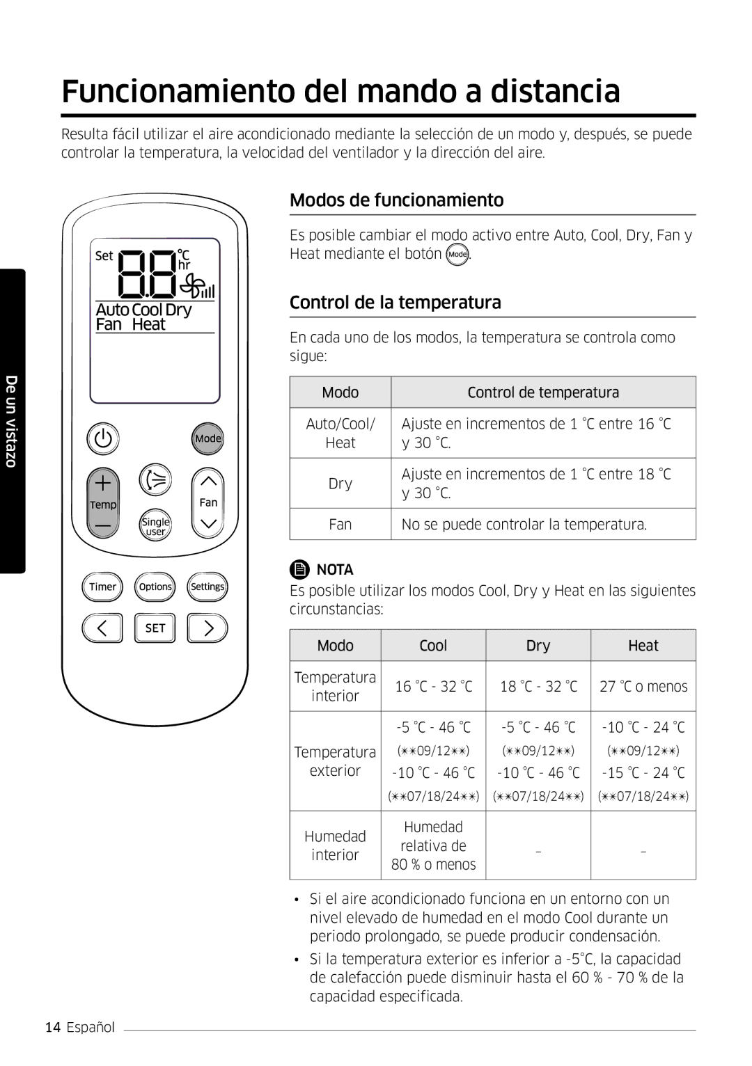 Samsung AR18MSFPEWQNEU manual Funcionamiento del mando a distancia, Modos de funcionamiento, Control de la temperatura 