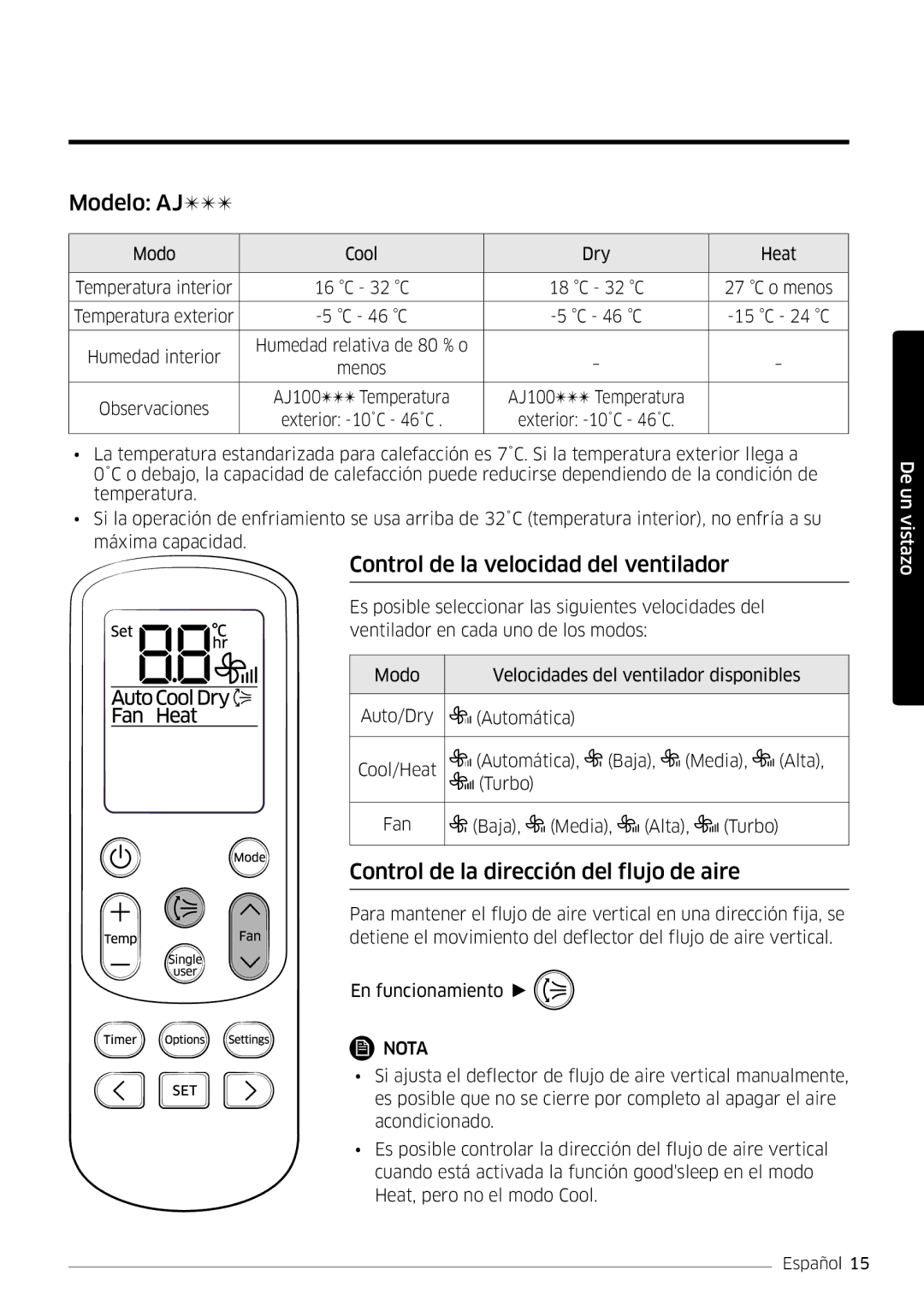 Samsung AR07MSFPEWQNEU Modelo AJ, Control de la velocidad del ventilador, Control de la dirección del flujo de aire 