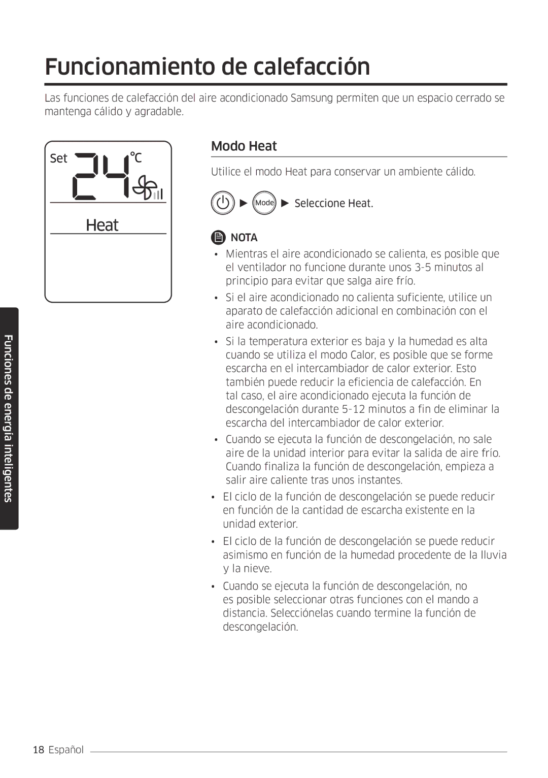 Samsung AR12MSFPEWQNET, AR18MSFPEWQNEU, AR07MSFPEWQNEU, AR24MSFPEWQNEU manual Funcionamiento de calefacción, Modo Heat 