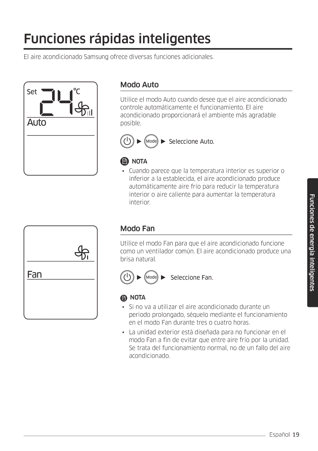 Samsung AR18MSFPEWQNEU, AR07MSFPEWQNEU, AR24MSFPEWQNEU, AR09MSFPEWQNET Funciones rápidas inteligentes, Modo Auto, Modo Fan 