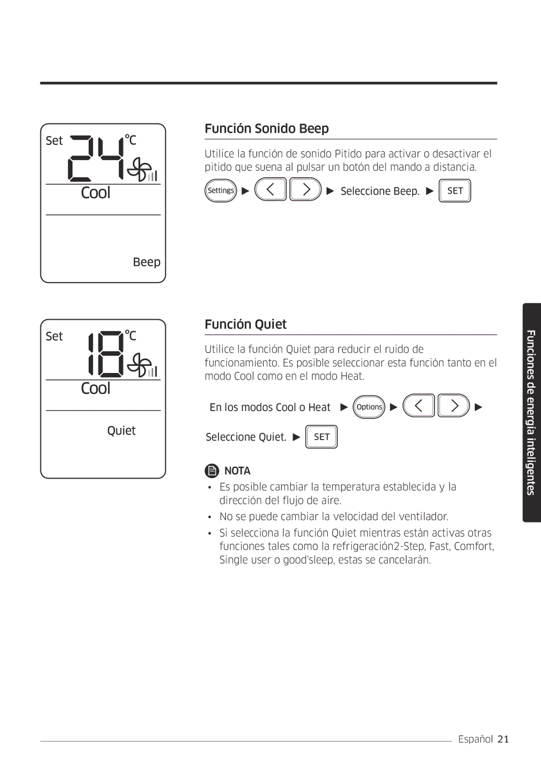 Samsung AR24MSFPEWQNEU, AR18MSFPEWQNEU, AR07MSFPEWQNEU, AR09MSFPEWQNET, AR12MSFPEWQNET Función Sonido Beep, Función Quiet 