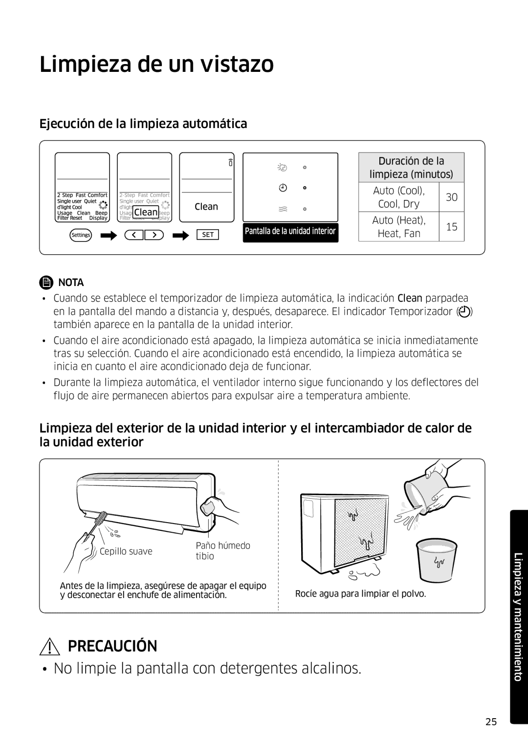 Samsung AR07MSFPEWQNEU, AR18MSFPEWQNEU, AR24MSFPEWQNEU manual Limpieza de un vistazo, Ejecución de la limpieza automática 