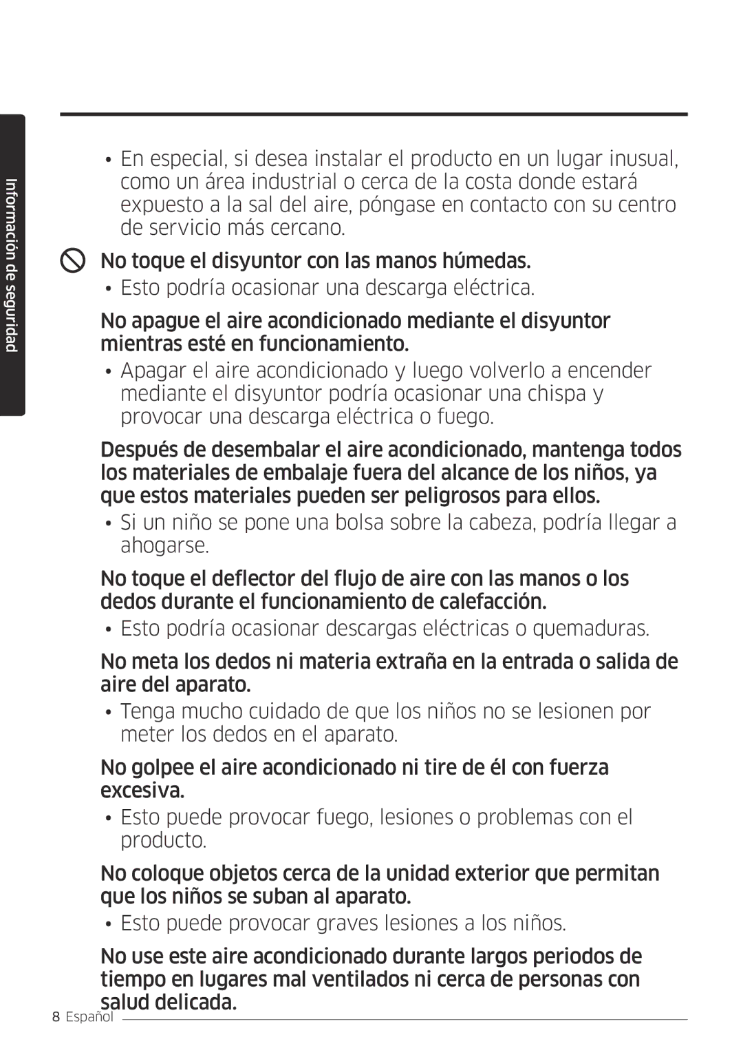 Samsung AR12MSFPEWQNET, AR18MSFPEWQNEU, AR07MSFPEWQNEU, AR24MSFPEWQNEU, AR09MSFPEWQNET manual Información de seguridad 