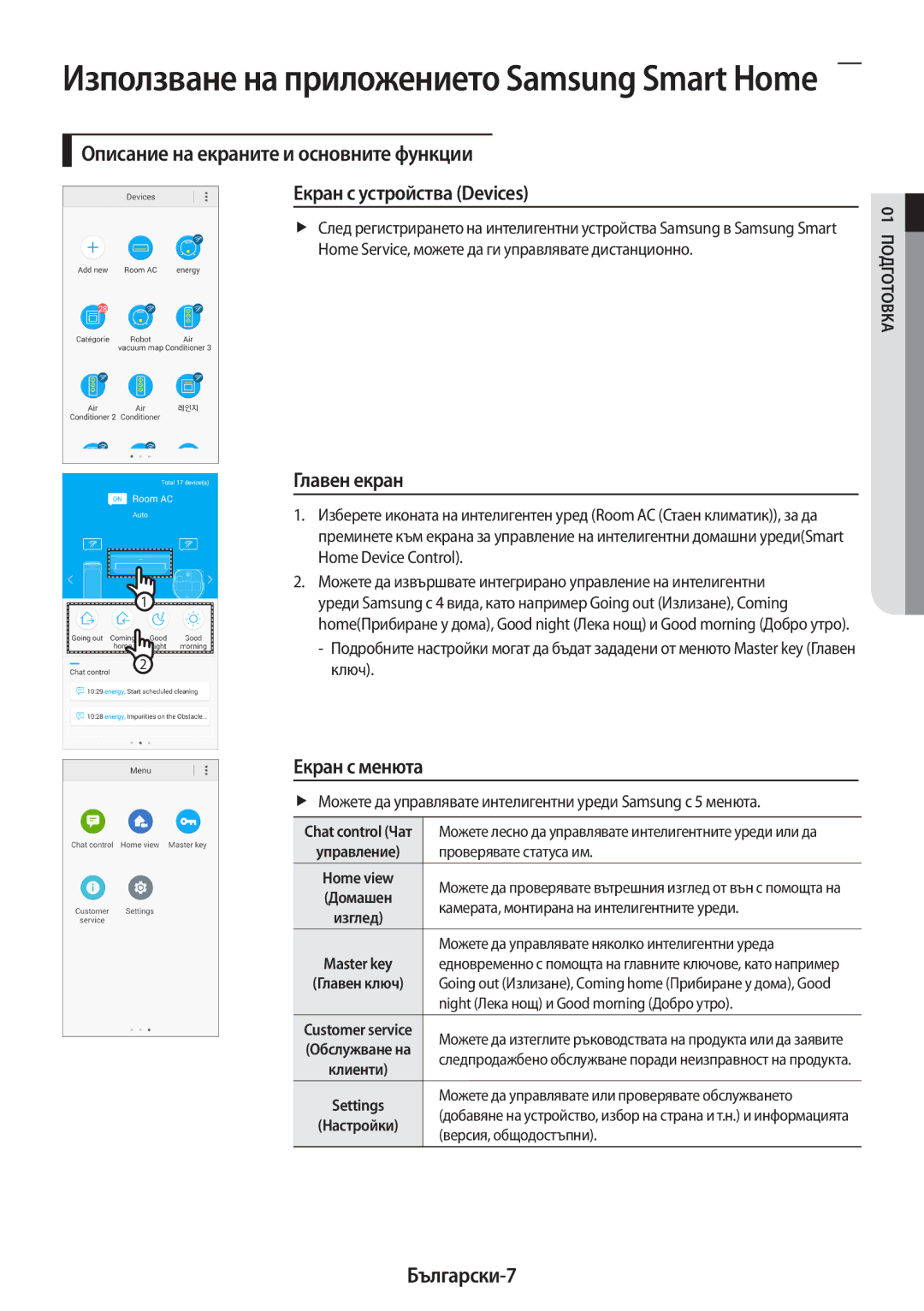 Samsung AR18MSPDBWKNEU manual Главен екран, Екран с менюта, Български-7 