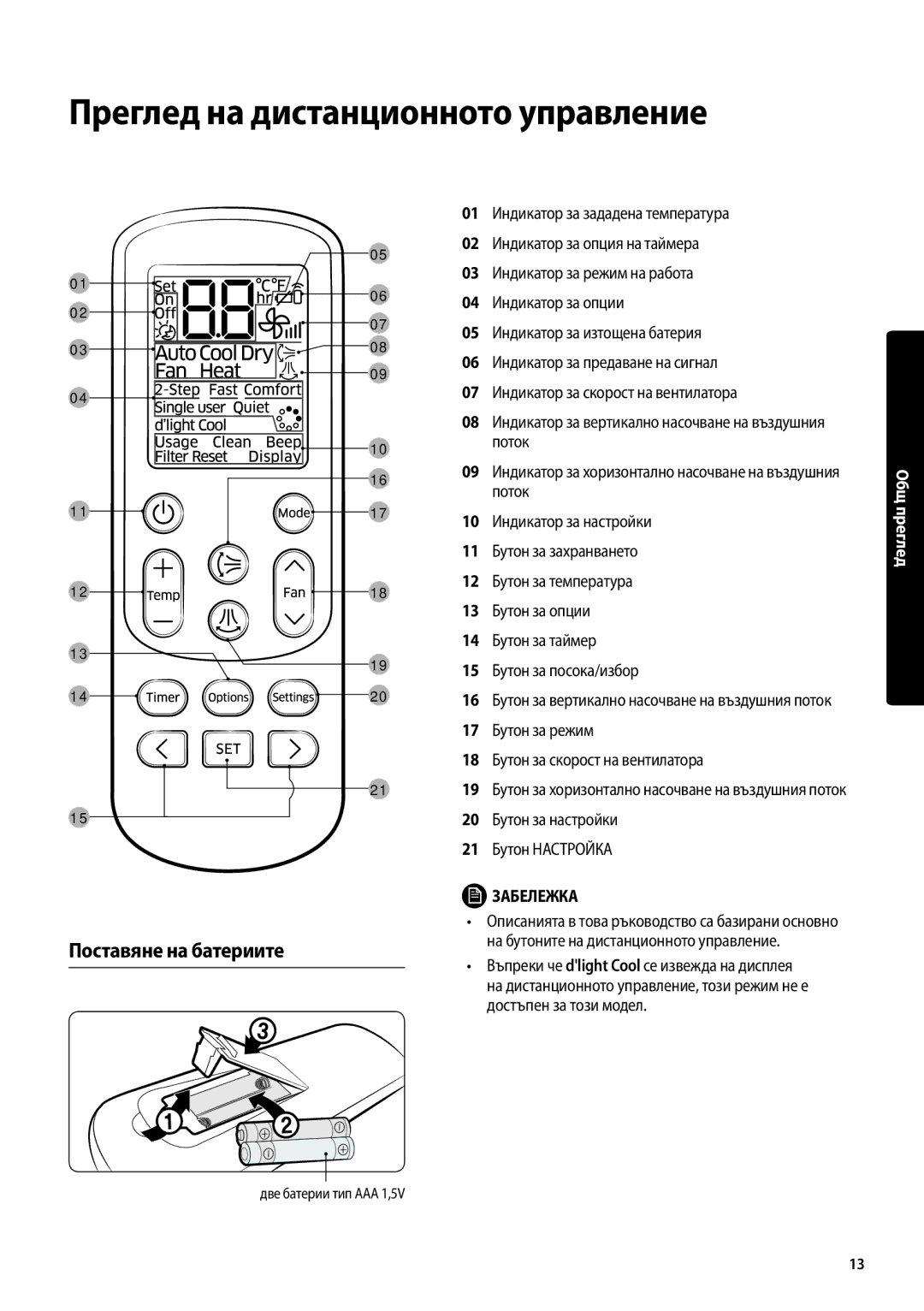 Samsung AR18MSPDBWKNEU manual Преглед на дистанционното управление, Поставяне на батериите 