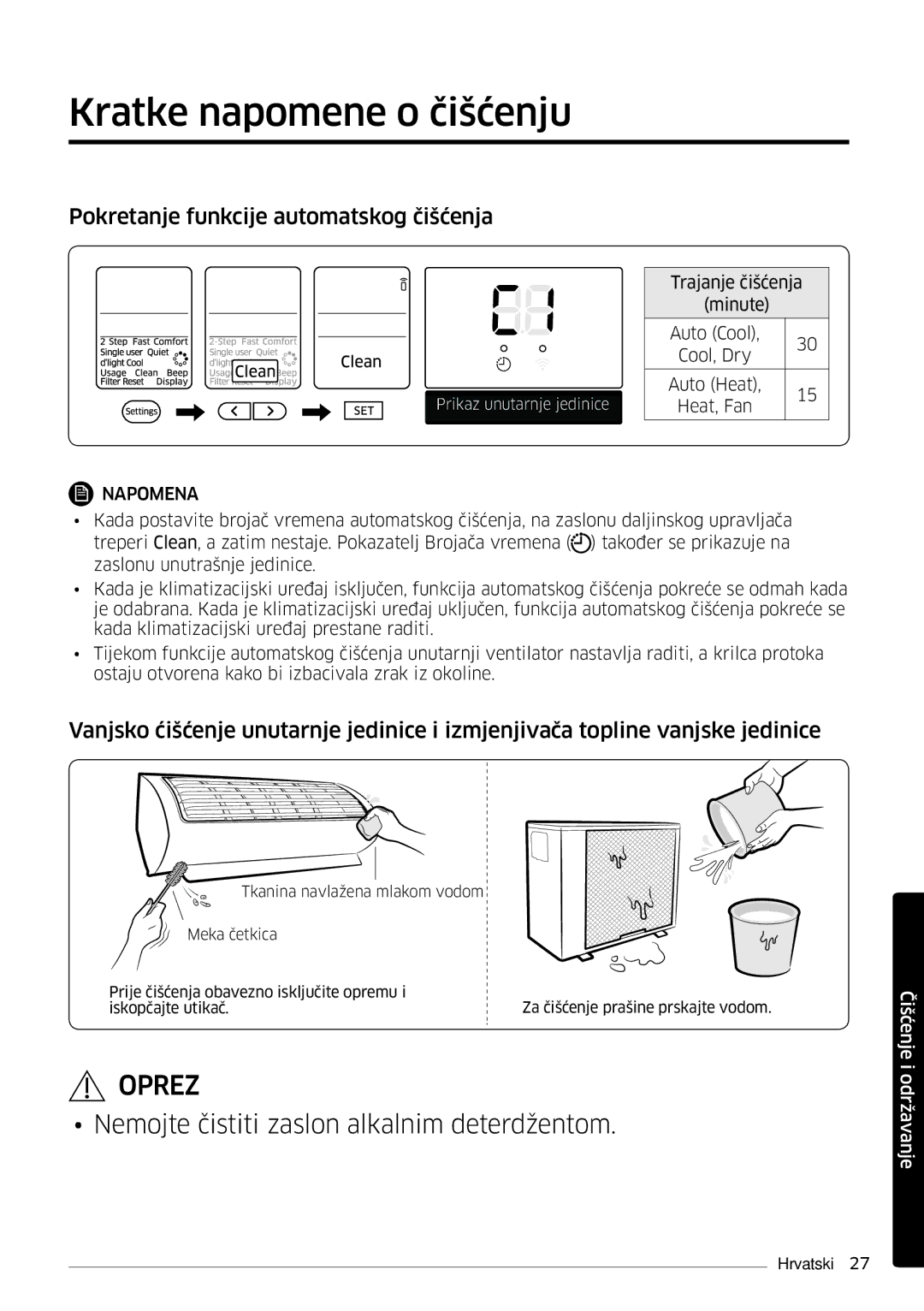 Samsung AR18MSPDBWKNEU manual Kratke napomene o čišćenju, Pokretanje funkcije automatskog čišćenja 