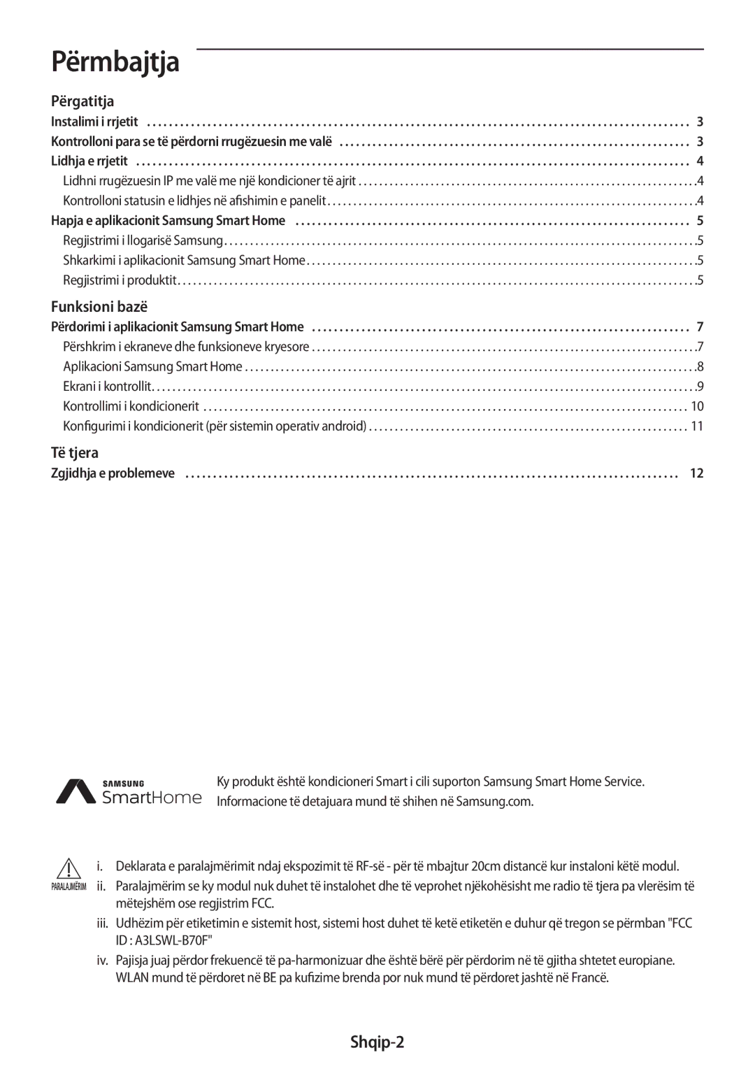 Samsung AR18MSWNAWKNEU, AR18MSWSAWKNEU manual Përmbajtja, Shqip-2, Ekrani i kontrollit Kontrollimi i kondicionerit 