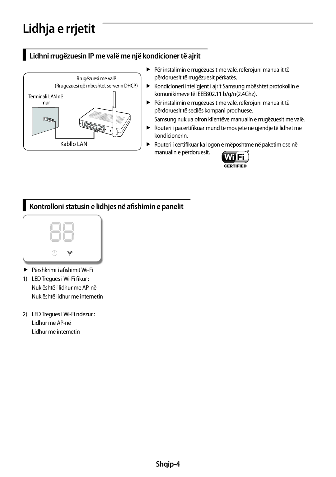 Samsung AR18MSWNAWKNEU manual Lidhja e rrjetit, Lidhni rrugëzuesin IP me valë me një kondicioner të ajrit, Shqip-4 