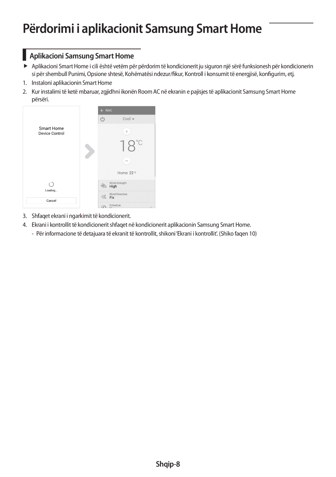 Samsung AR18MSWNAWKNEU manual Përdorimi i aplikacionit Samsung Smart Home, Aplikacioni Samsung Smart Home, Shqip-8 