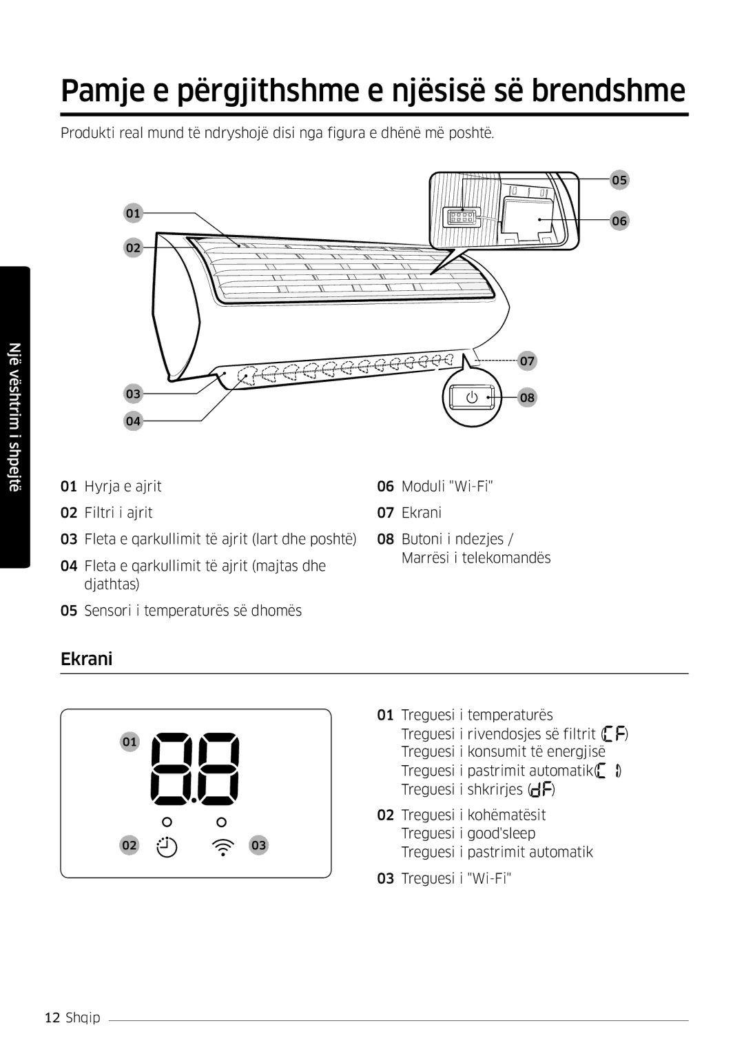 Samsung AR18MSWSAWKNEU, AR18MSWNAWKNEU manual Pamje e përgjithshme e njësisë së brendshme, Ekrani 