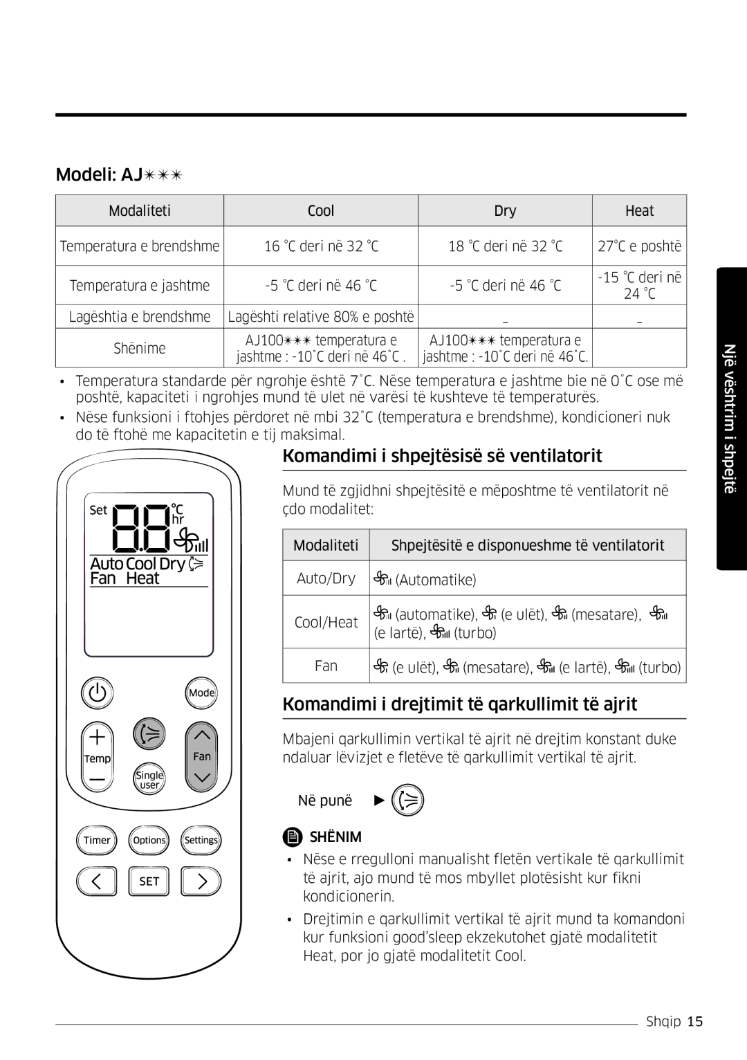 Samsung AR18MSWNAWKNEU, AR18MSWSAWKNEU manual Modeli AJ, Komandimi i shpejtësisë së ventilatorit 