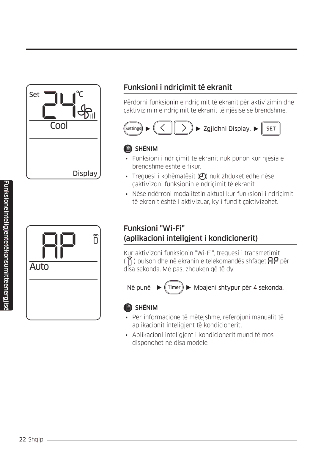 Samsung AR18MSWSAWKNEU manual Funksioni i ndriçimit të ekranit, Funksioni Wi-Fi Aplikacioni inteligjent i kondicionerit 