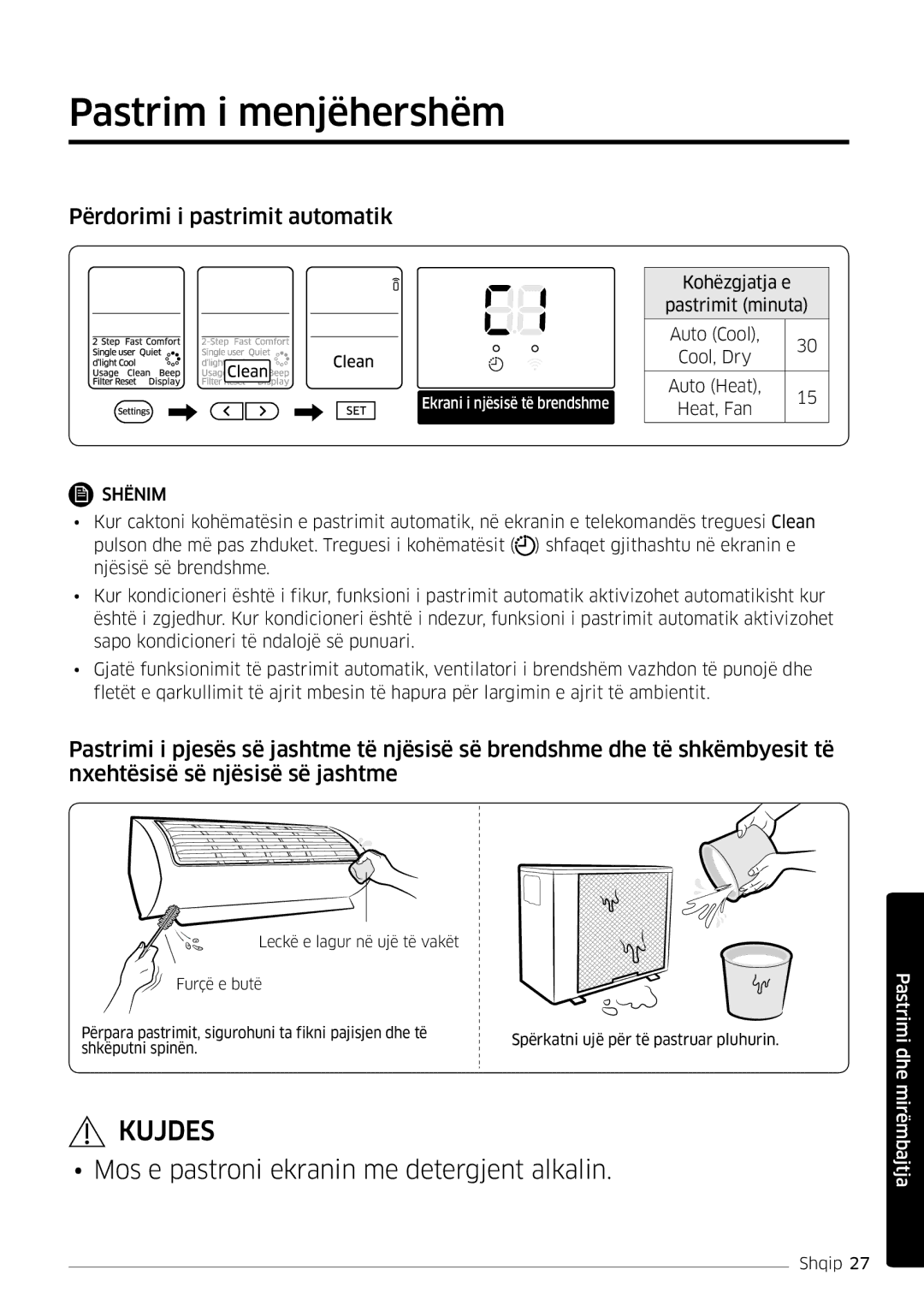 Samsung AR18MSWNAWKNEU, AR18MSWSAWKNEU manual Pastrim i menjëhershëm, Përdorimi i pastrimit automatik 