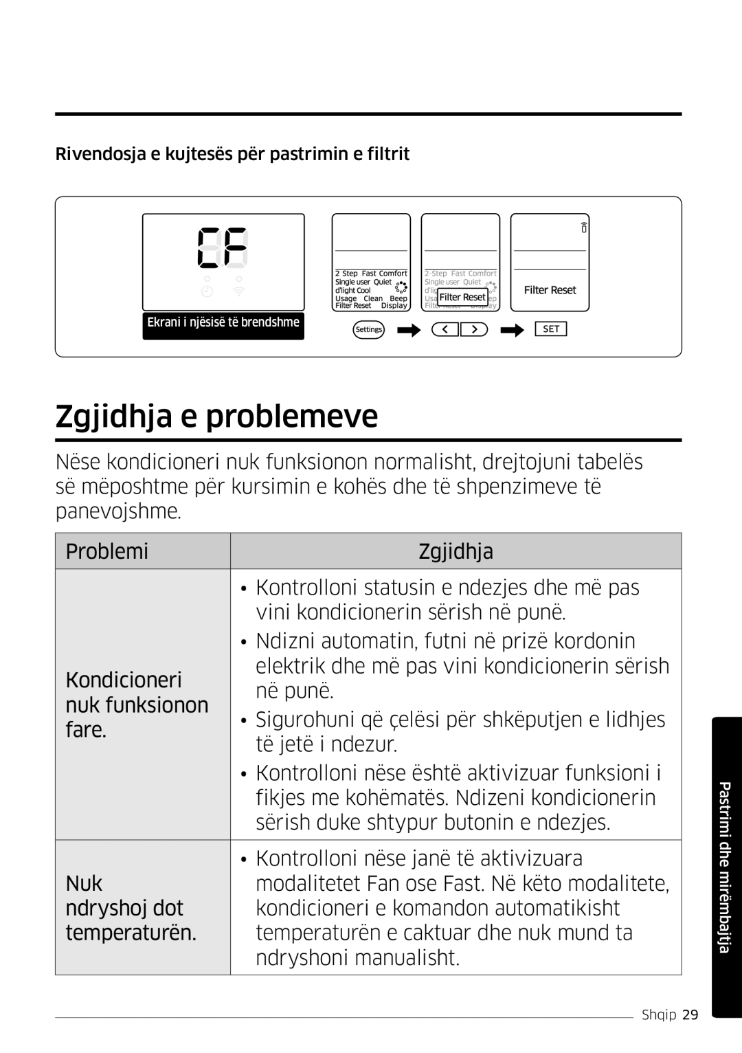 Samsung AR18MSWNAWKNEU, AR18MSWSAWKNEU manual Zgjidhja e problemeve, Rivendosja e kujtesës për pastrimin e filtrit 