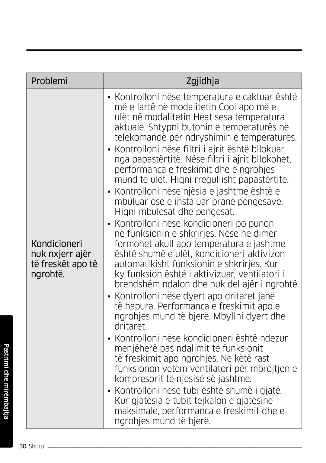 Samsung AR18MSWSAWKNEU, AR18MSWNAWKNEU manual Pastrimi dhe mirëmbajtja 