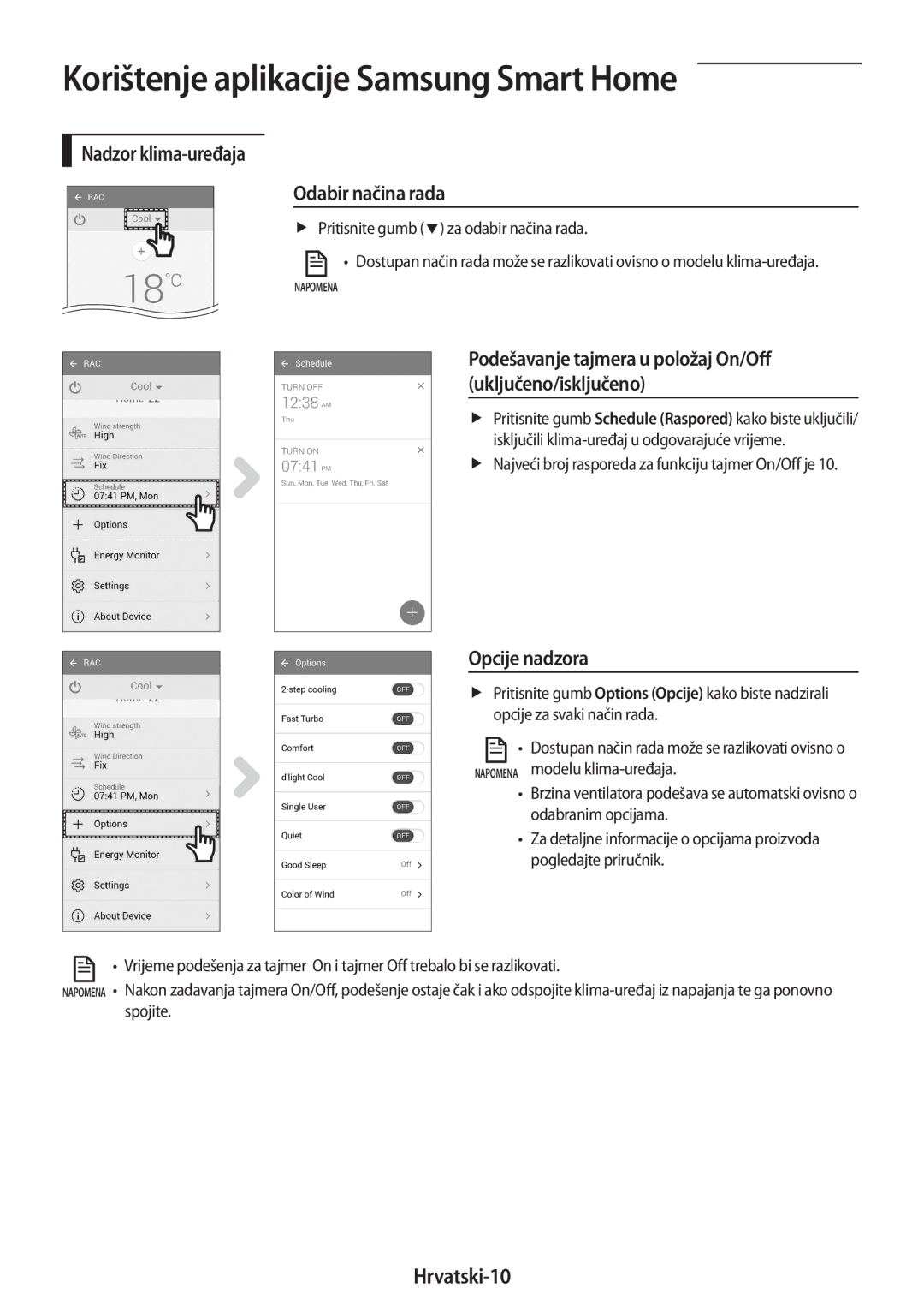 Samsung AR18MSWSAWKNEU, AR18MSPDBWKNEU manual Nadzor klima-uređaja Odabir načina rada, Opcije nadzora, Hrvatski-10 