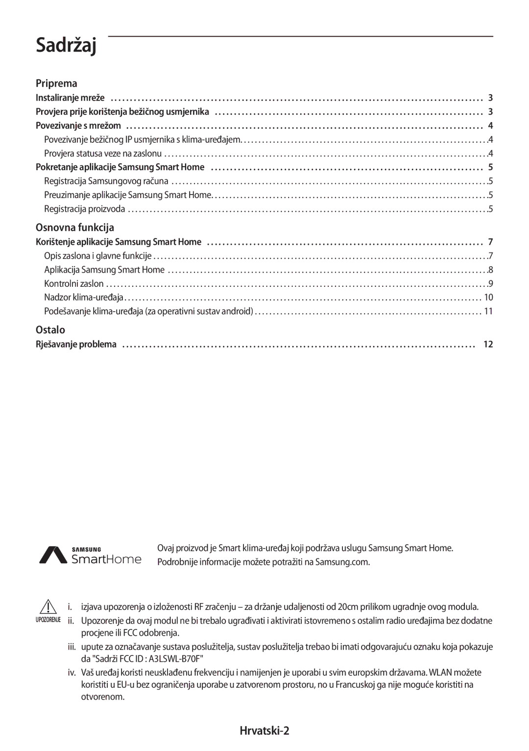 Samsung AR18MSWSAWKNEU, AR18MSPDBWKNEU manual Sadržaj, Hrvatski-2 